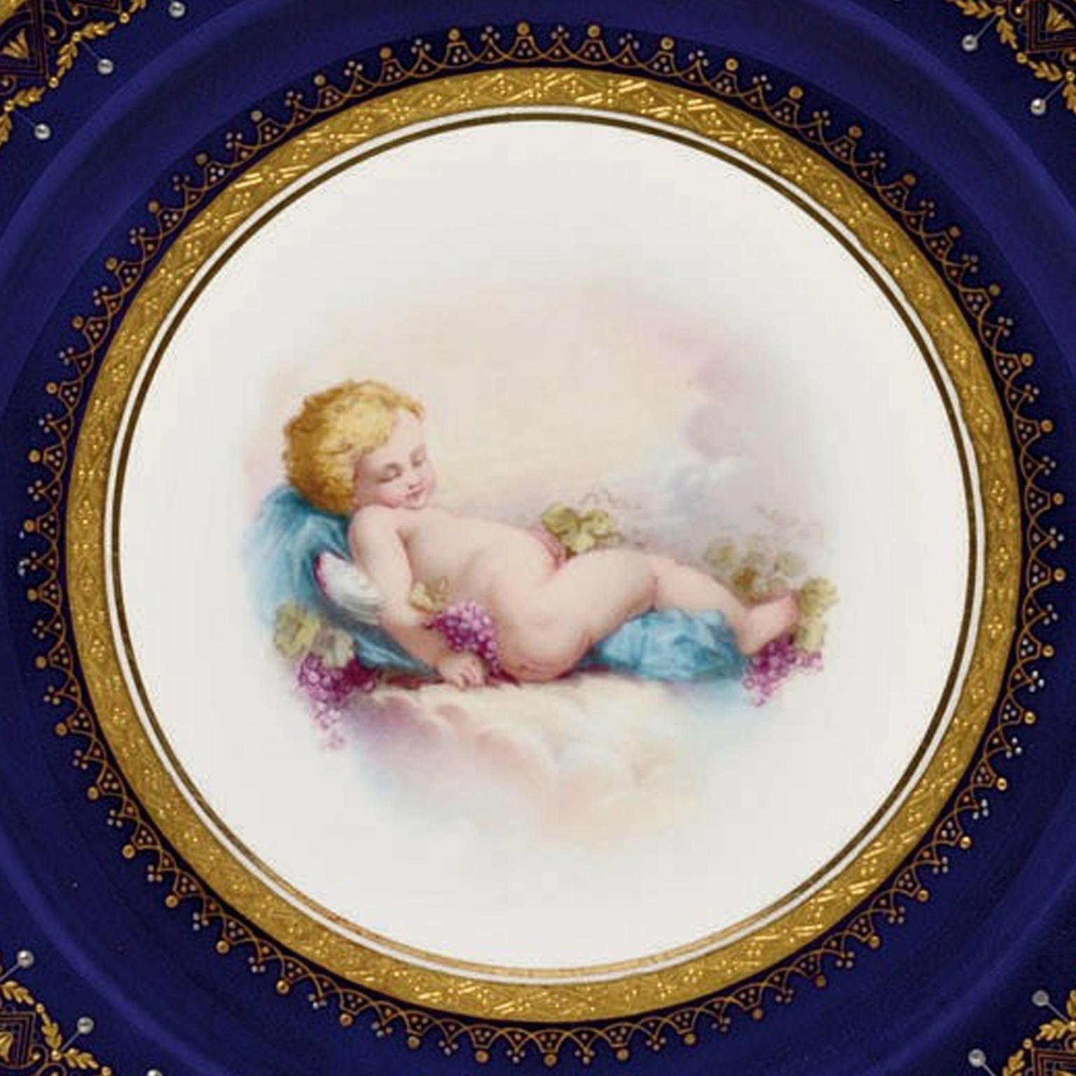 Pair of Porcelain Plates Depicting Putto at Play by Minton, Dated 1881 In Good Condition For Sale In Brighton, West Sussex
