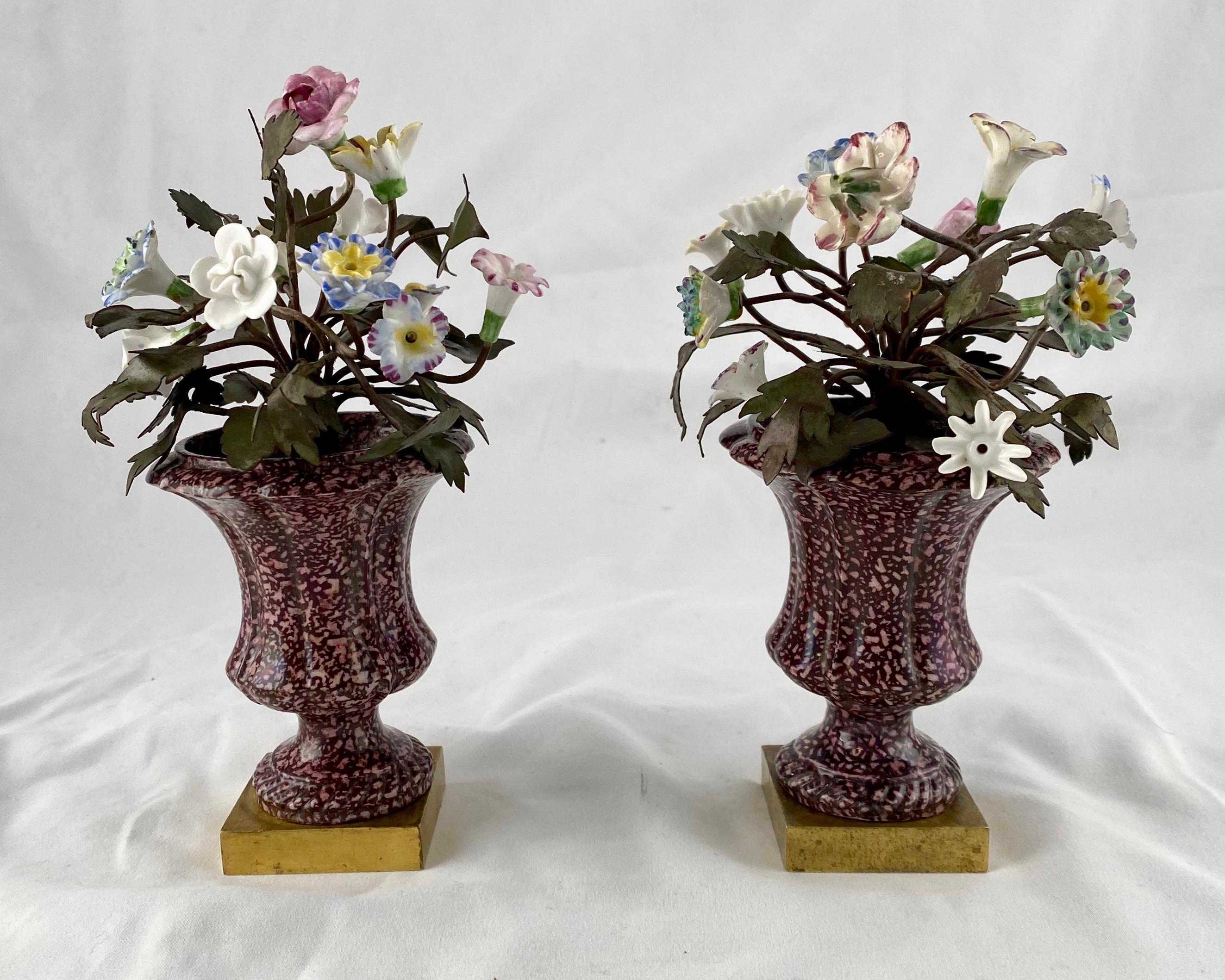 Gilt Pair of Porcelain Vases with Porcelain Flowers and Leafs of Metal, 19th C
