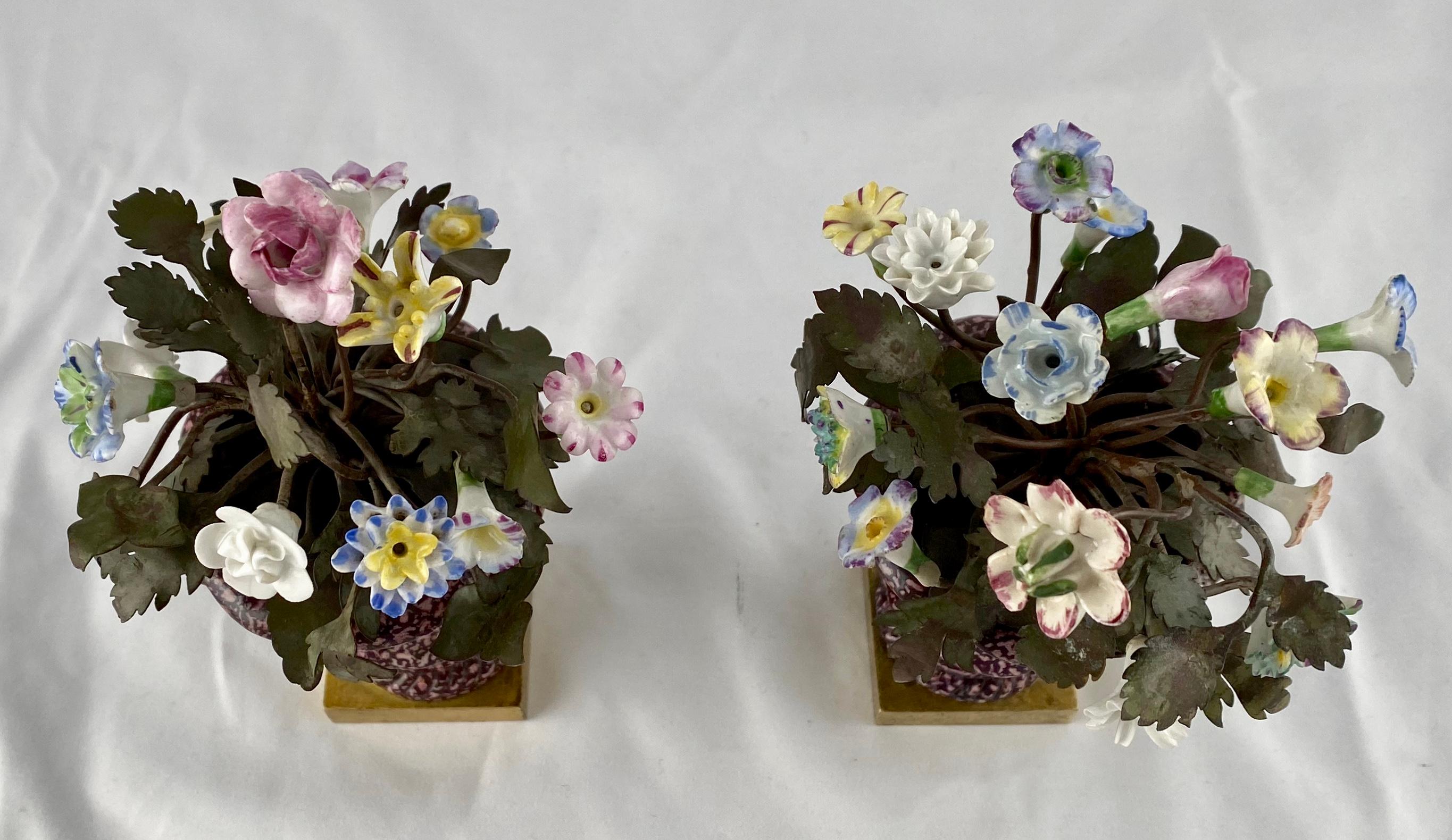 19th Century Pair of Porcelain Vases with Porcelain Flowers and Leafs of Metal, 19th C