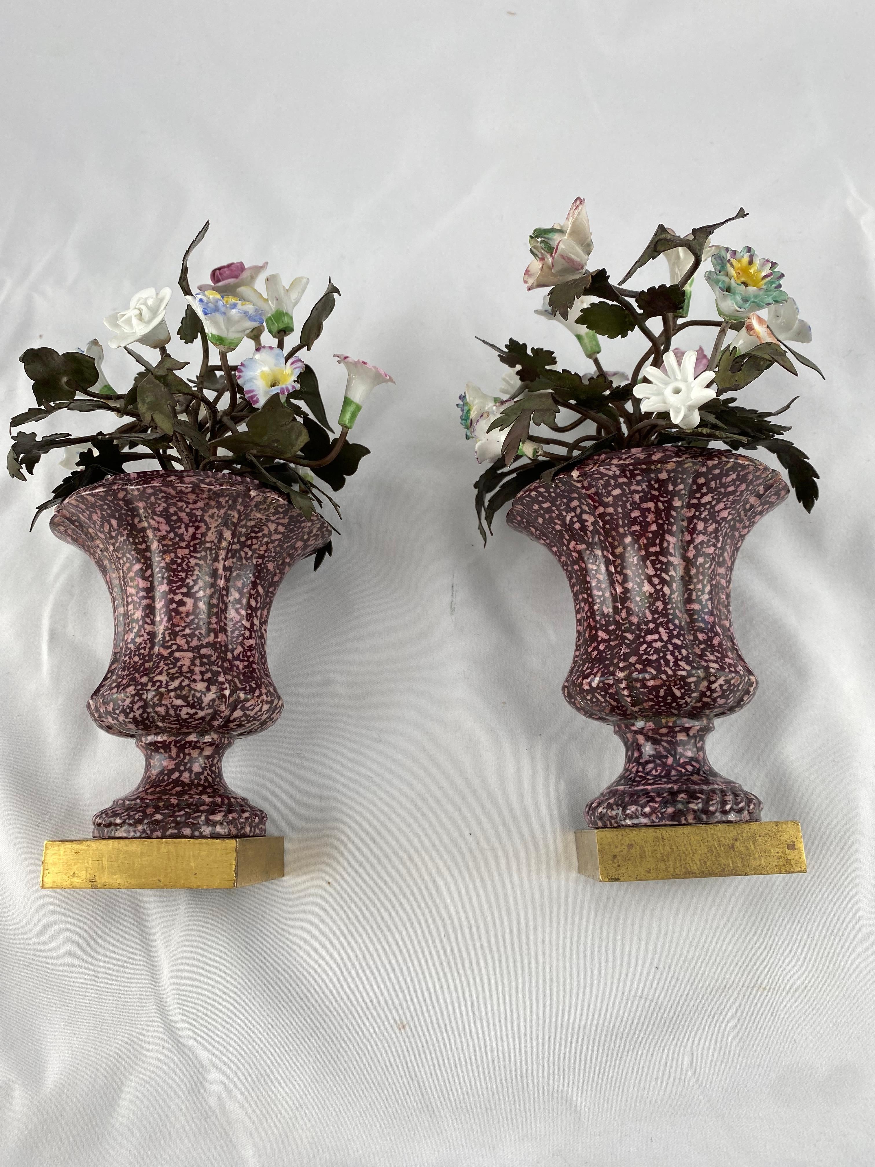 Bronze Pair of Porcelain Vases with Porcelain Flowers and Leafs of Metal, 19th C
