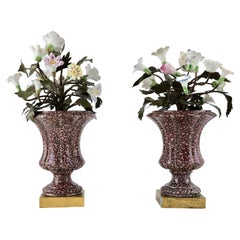Pair of Porcelain Vases with Porcelain Flowers and Leafs of Metal, 19th C