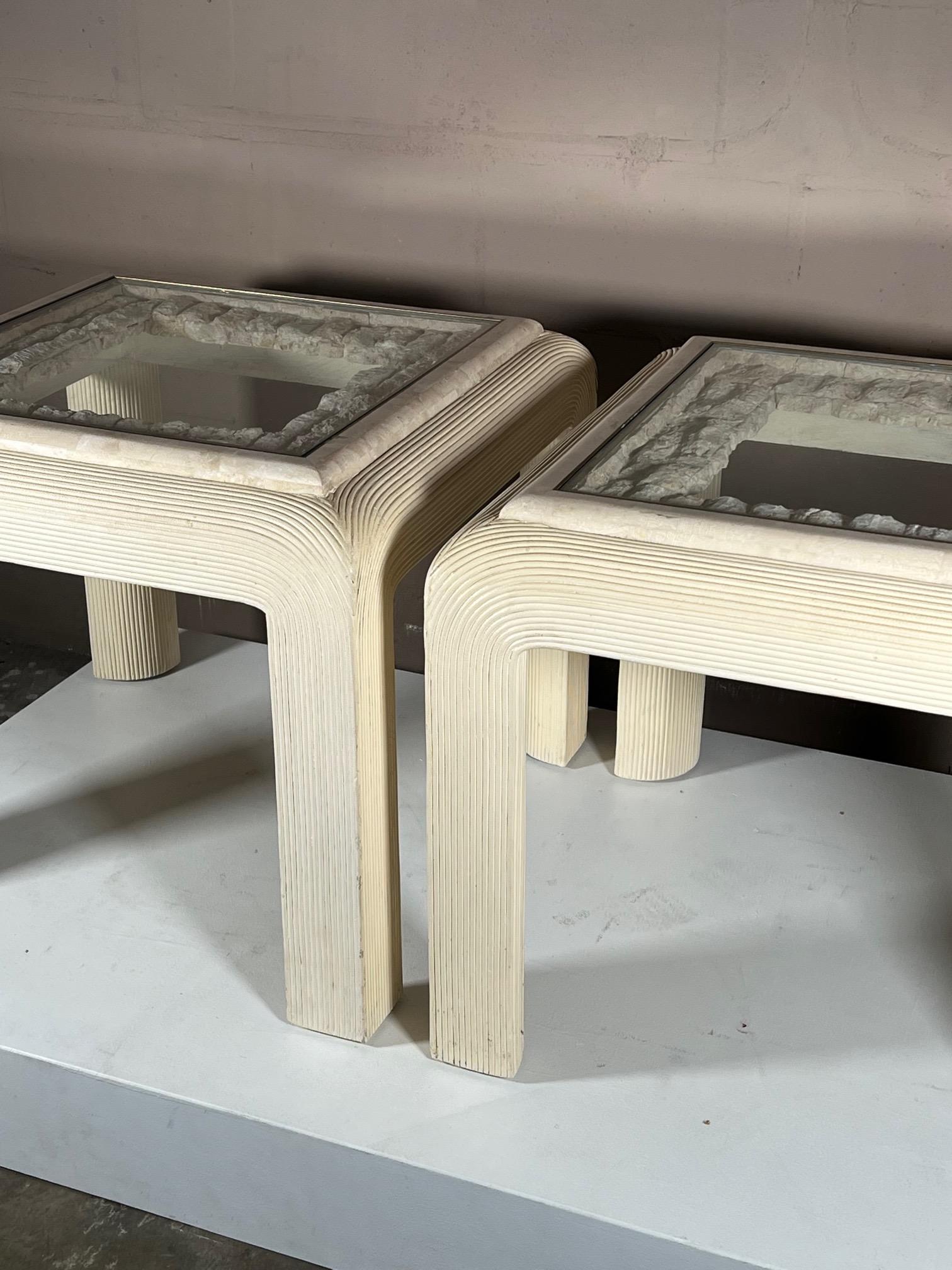 Pair of Post Modern Reed Tables Unusual Stone and Brass Tops For Sale 7