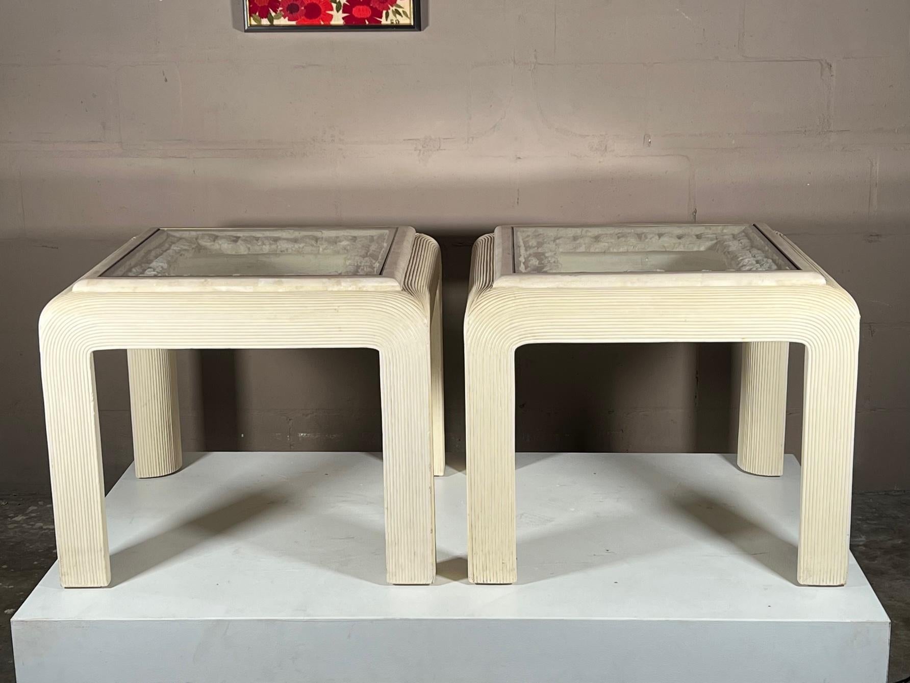 A pair of unusual reeded side tables. Tops have tassellated edges with brass and glass framing sandstones, cut out in the center. Matching console from the same estate-very 1980s post modern.