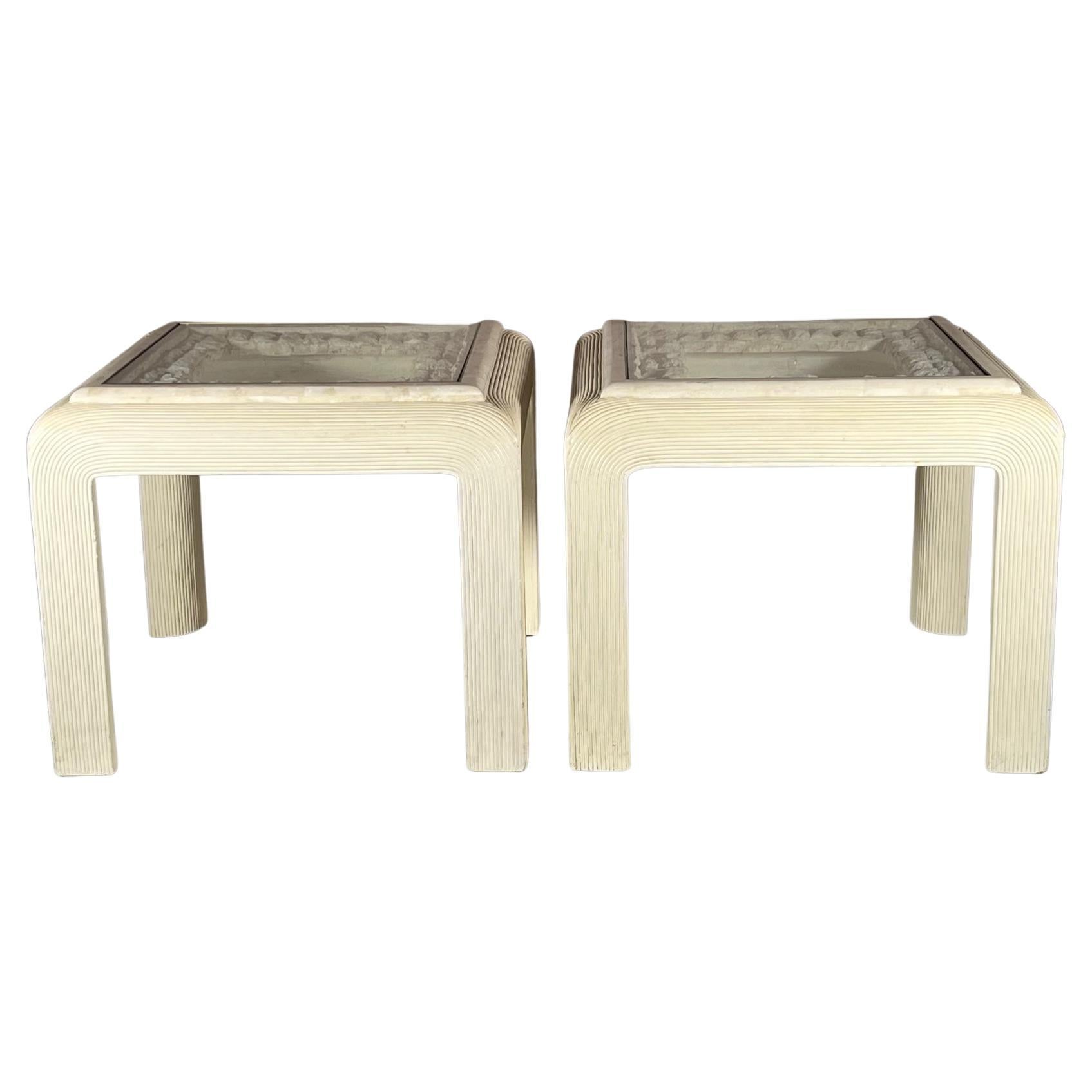 Pair of Post Modern Reed Tables Unusual Stone and Brass Tops For Sale