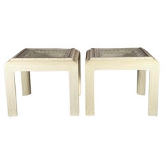 Retro Pair of Post Modern Reed Tables Unusual Stone and Brass Tops