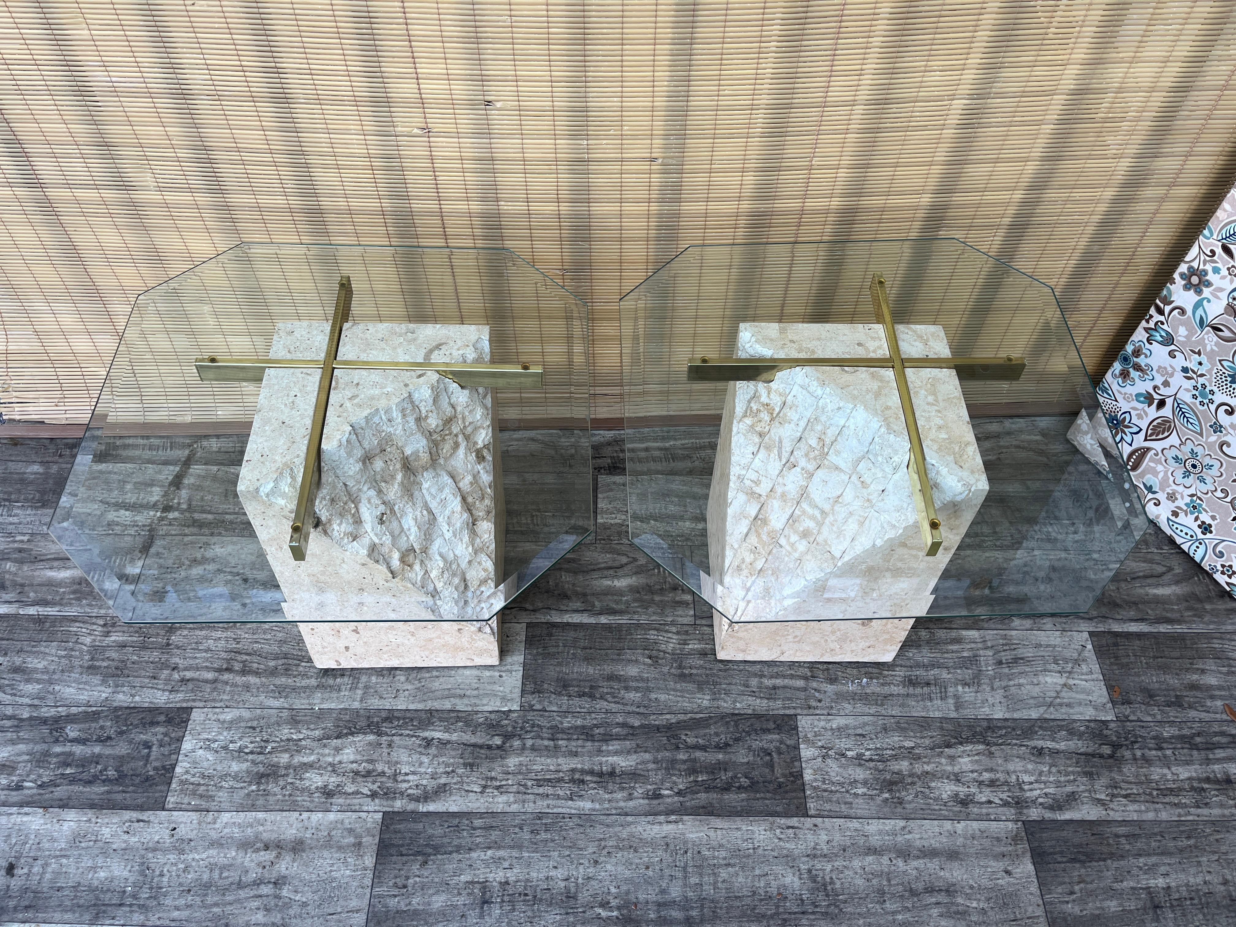 Philippine A Pair of Post Modern Tessellated Mactan Stone Side Tables. Circa 1980s For Sale
