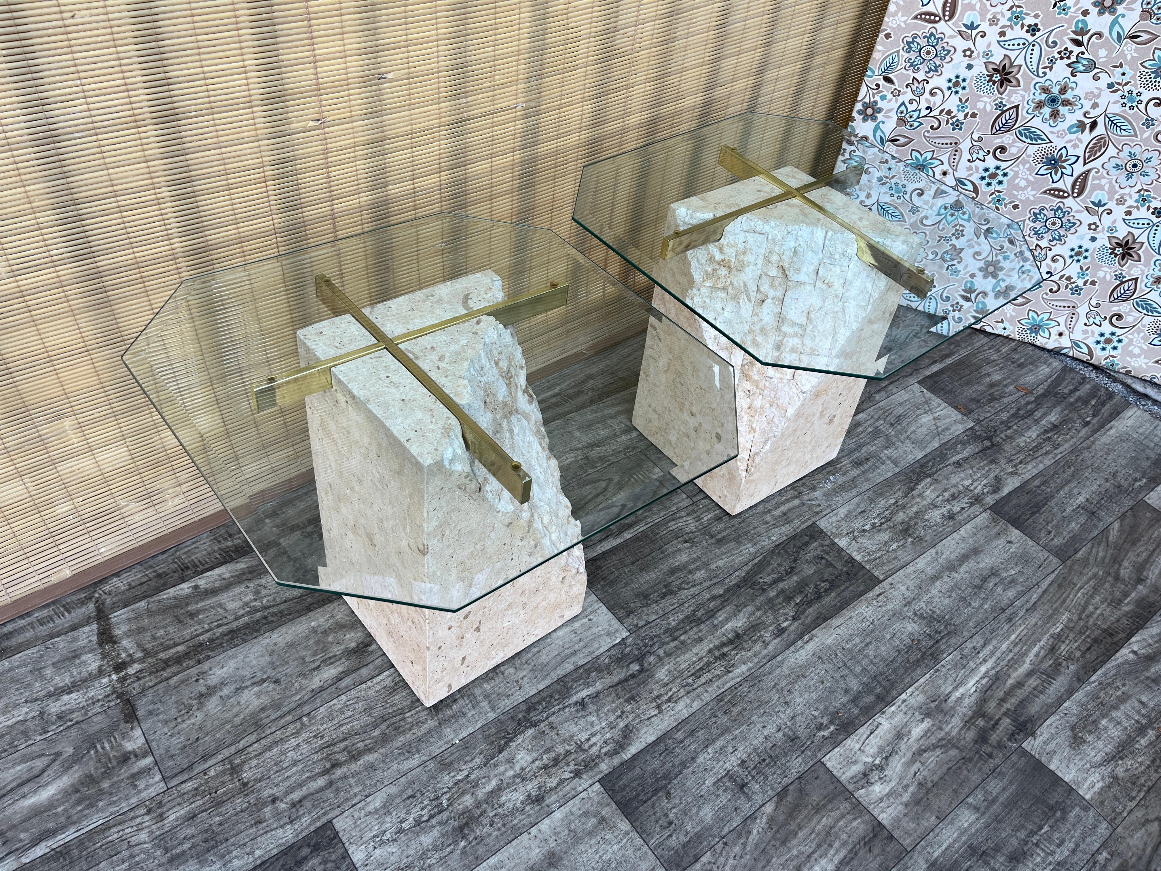 Beveled A Pair of Post Modern Tessellated Mactan Stone Side Tables. Circa 1980s For Sale