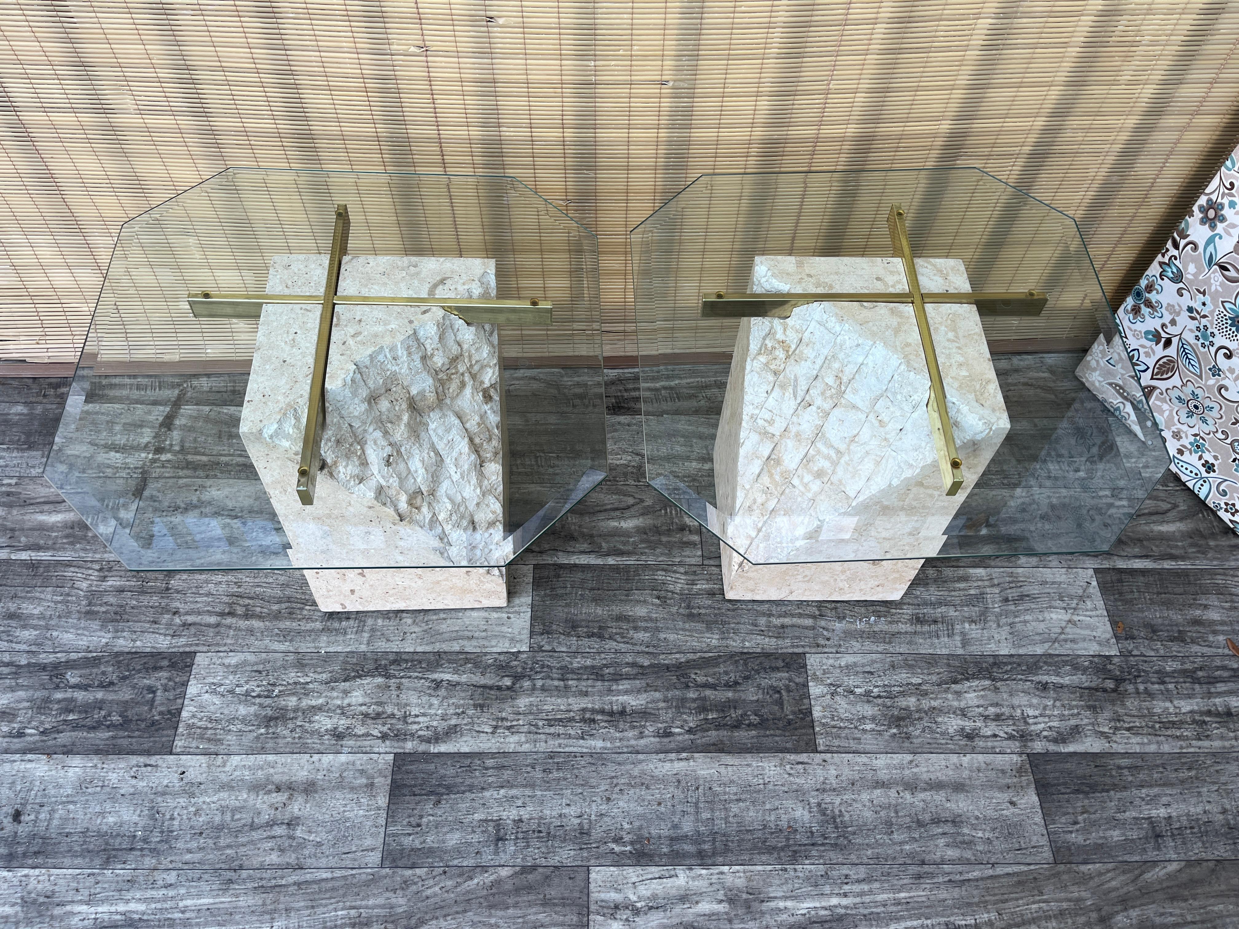 Brass A Pair of Post Modern Tessellated Mactan Stone Side Tables. Circa 1980s For Sale