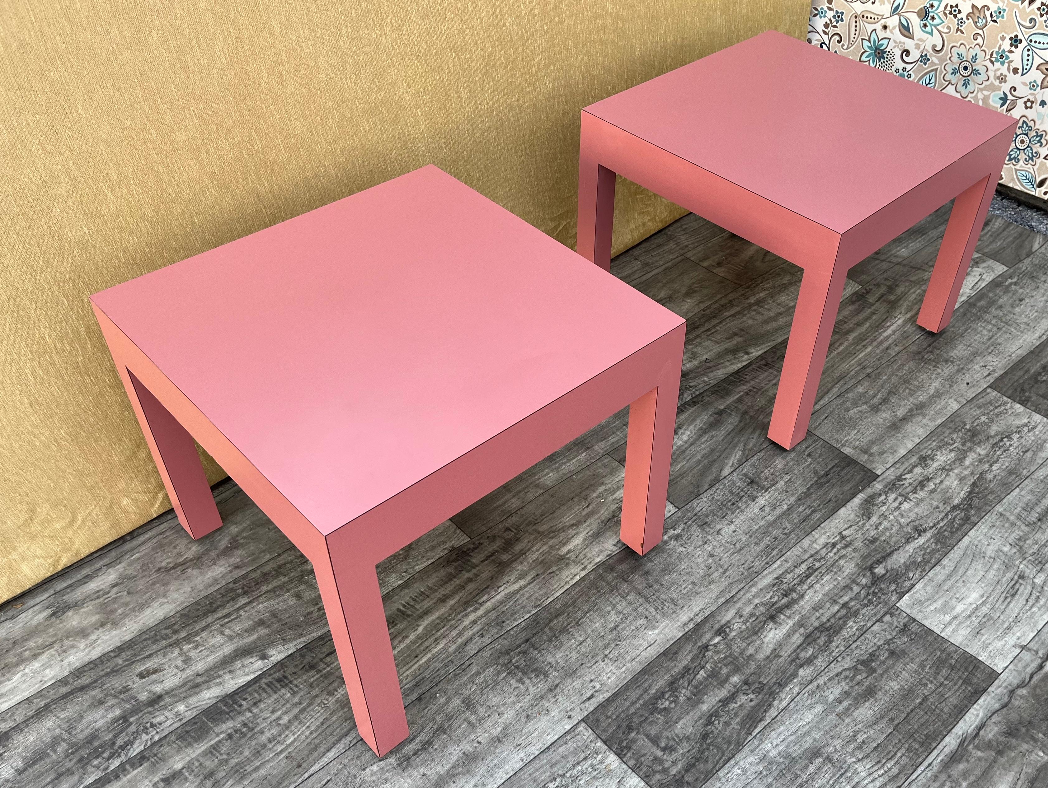 A Pair of Postmodern Pink Laminate Side Tables by Lane Altavista. Circa 1970s
Feature a straight lines design and fully laminated in a mute pink color formica. 
In Good Vintage Condition with signs of wear consistent with age and history. There are