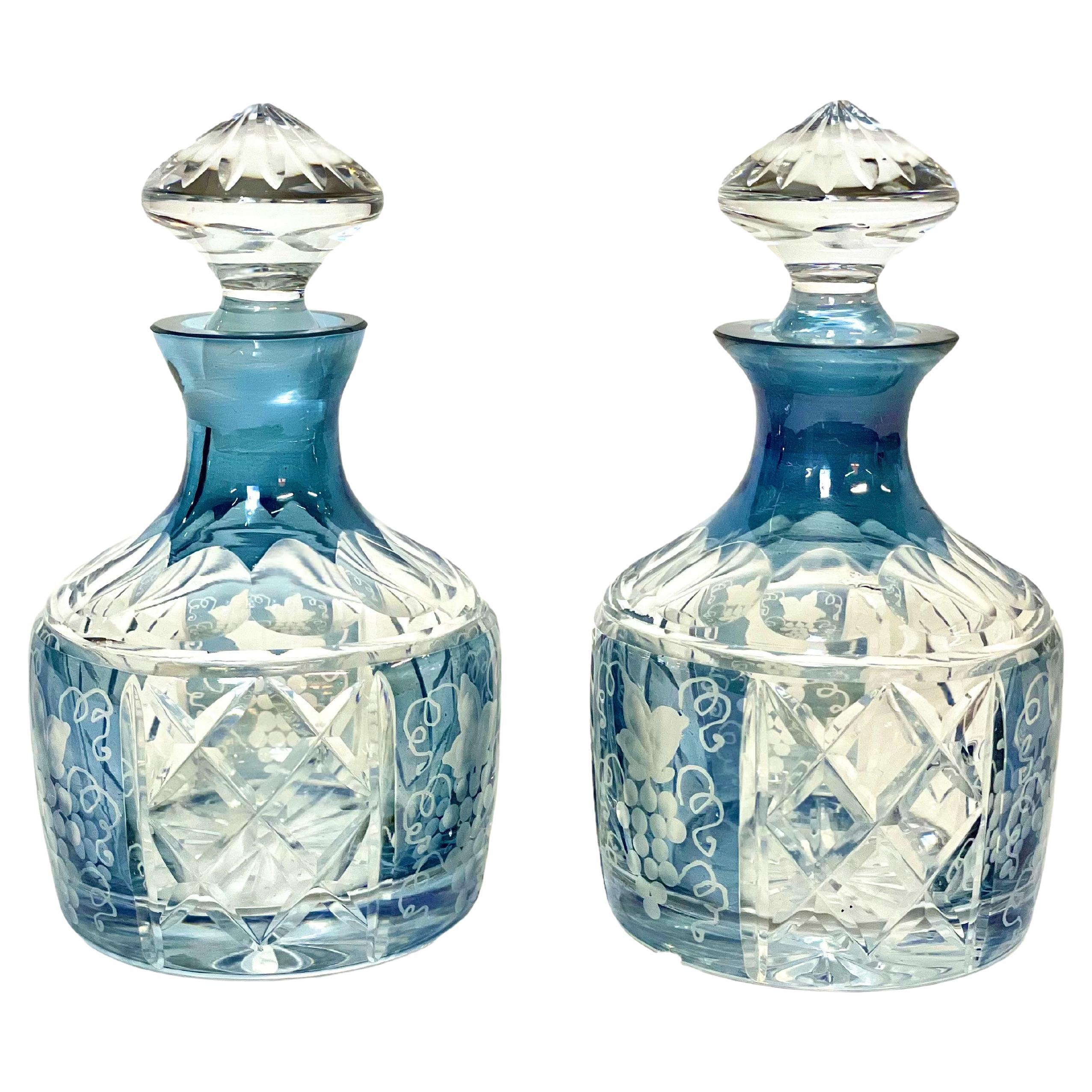 Pair of Crystal Flacons with Vine and Grape Engravings For Sale