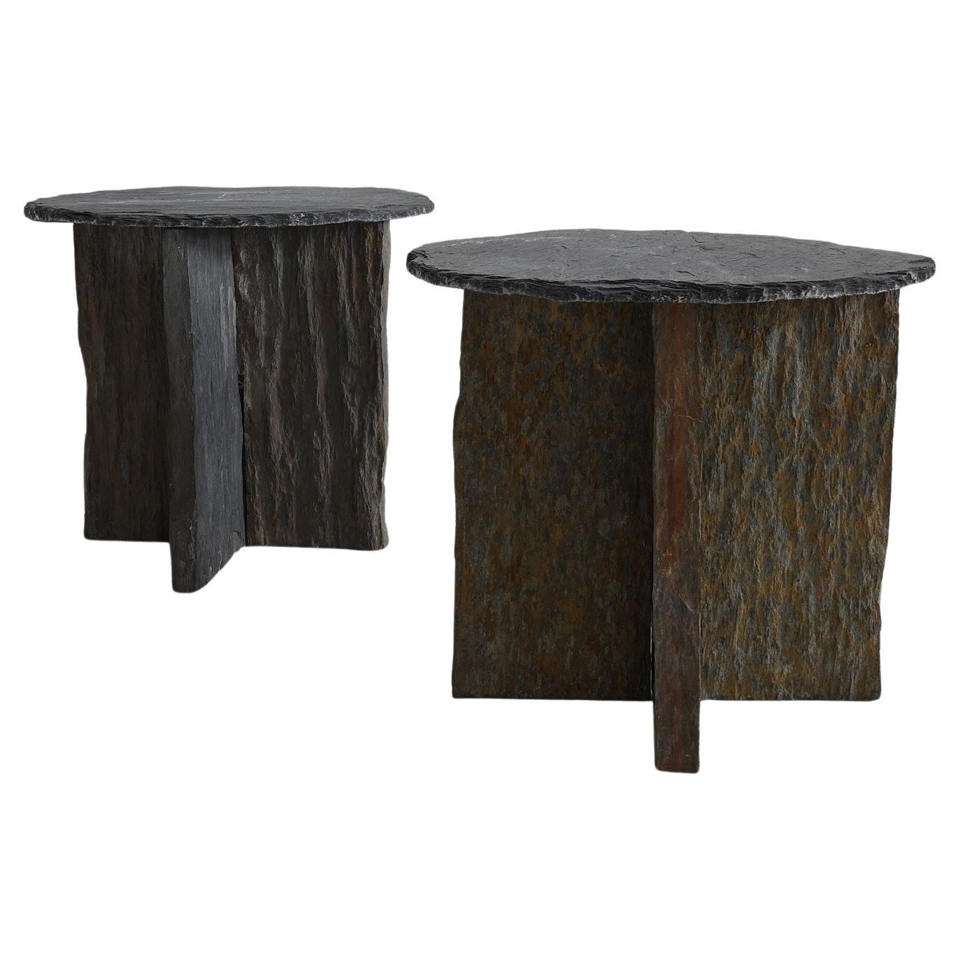 A Pair Of Primitive Riven Slate Low Side Tables