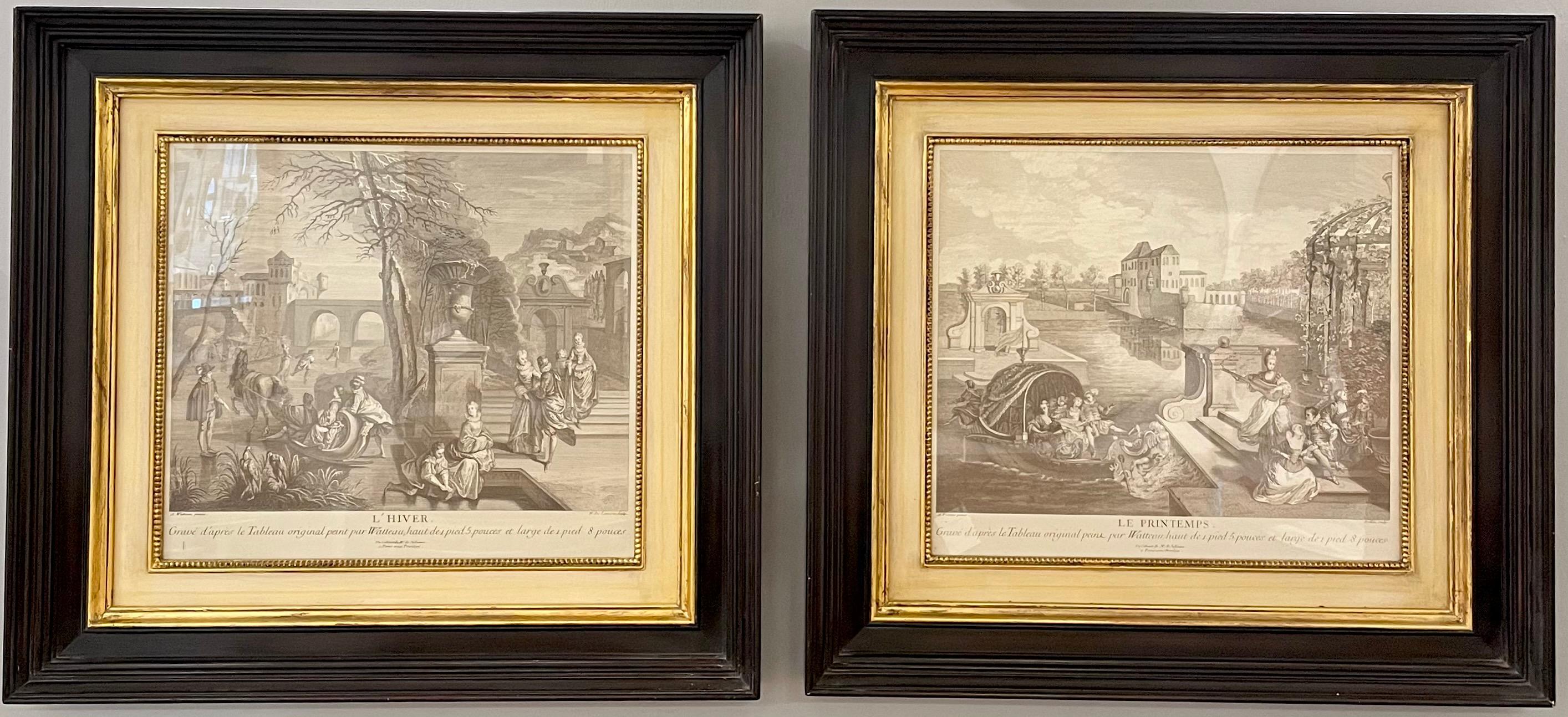 A pair of prints finely framed L'Hiver et Printemps. Each in a fine gilt wood frame set in a ebony larger frame.