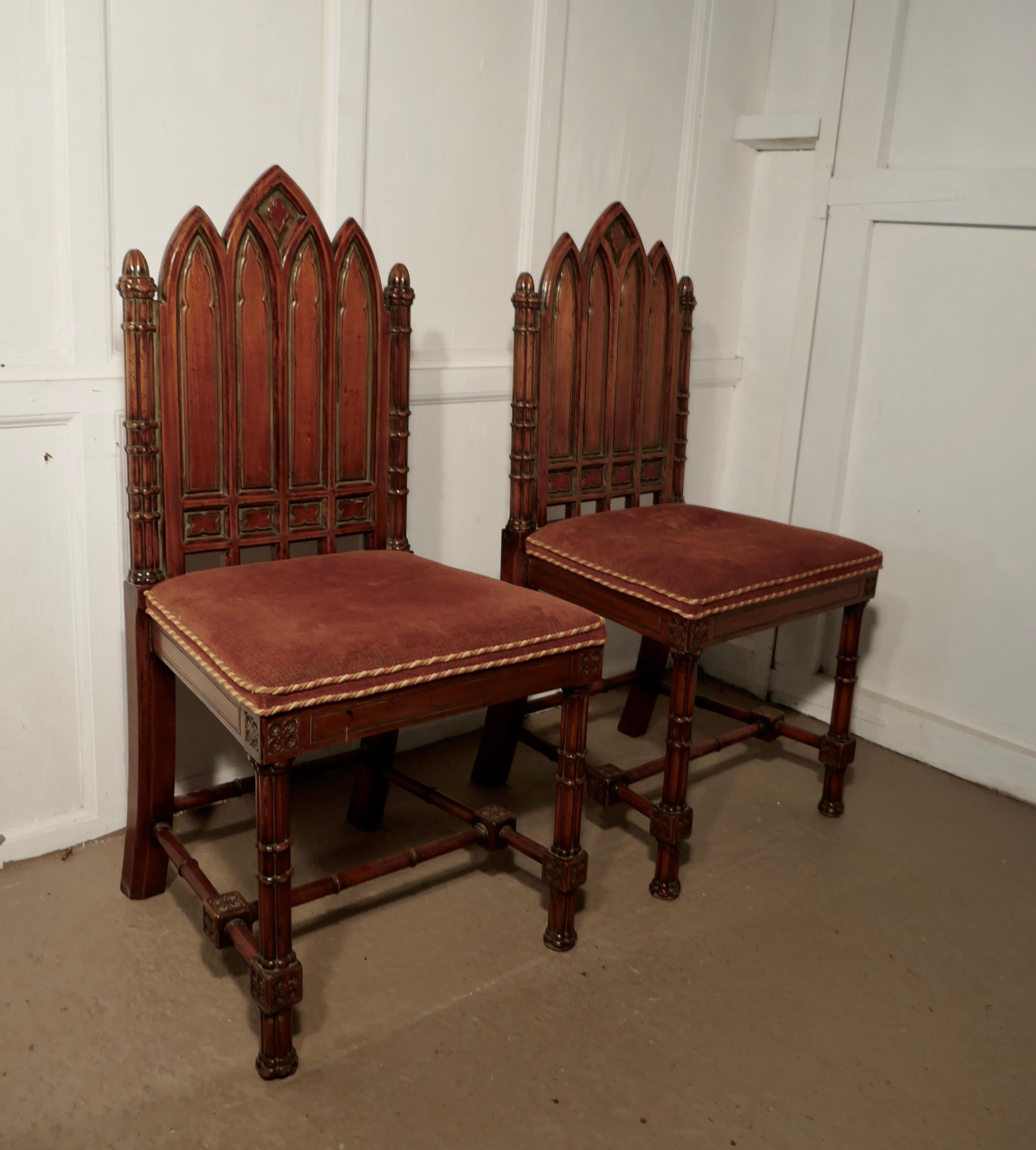Arts and Crafts Pair of Pugin Style Arts & Crafts Carved Oak Hall Chairs