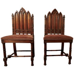 Pair of Pugin Style Arts & Crafts Carved Oak Hall Chairs