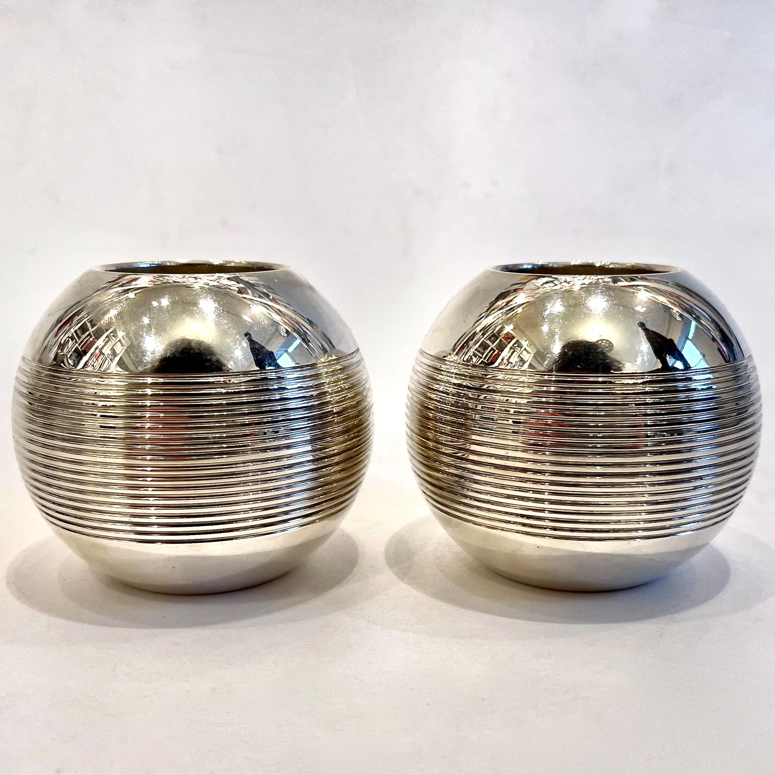 French A Pair of Puiforcat Silver Plated Pétanque Candle Holders  For Sale