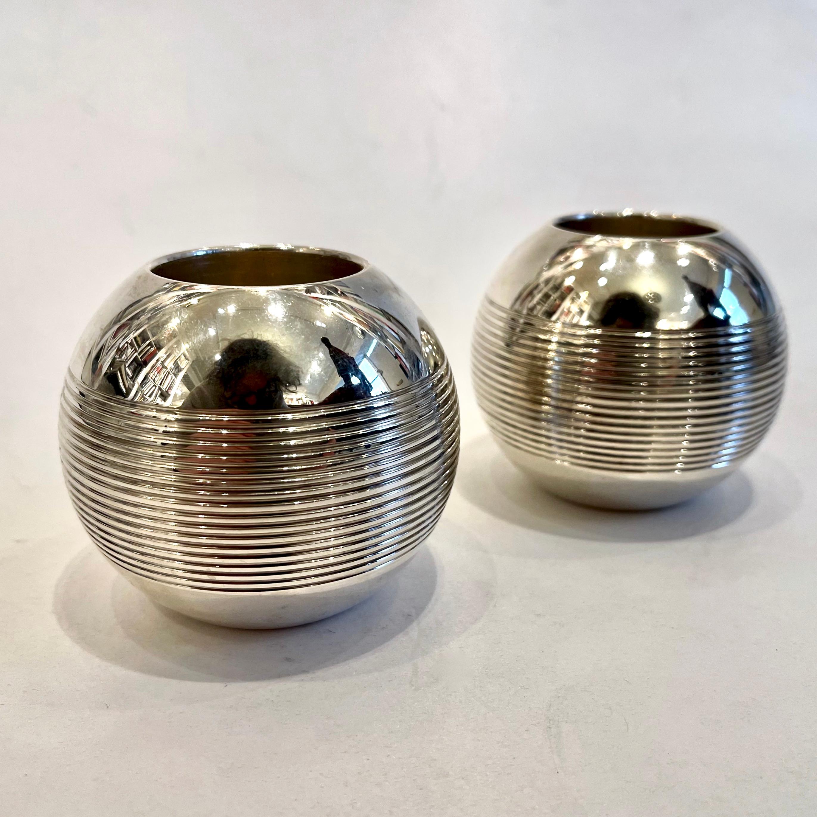 A Pair of Puiforcat Silver Plated Pétanque Candle Holders  In Good Condition For Sale In London, GB