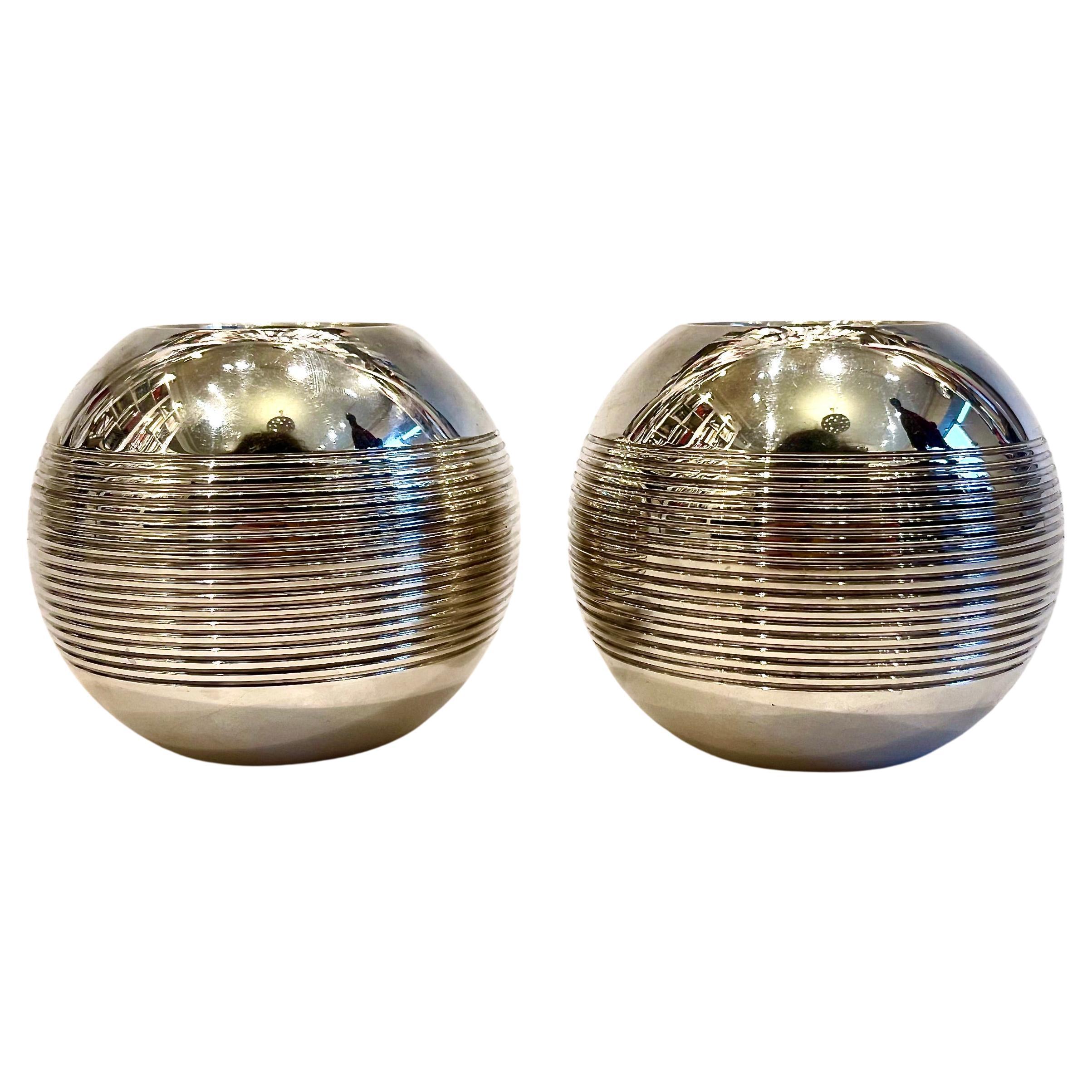 A Pair of Puiforcat Silver Plated Pétanque Candle Holders  For Sale