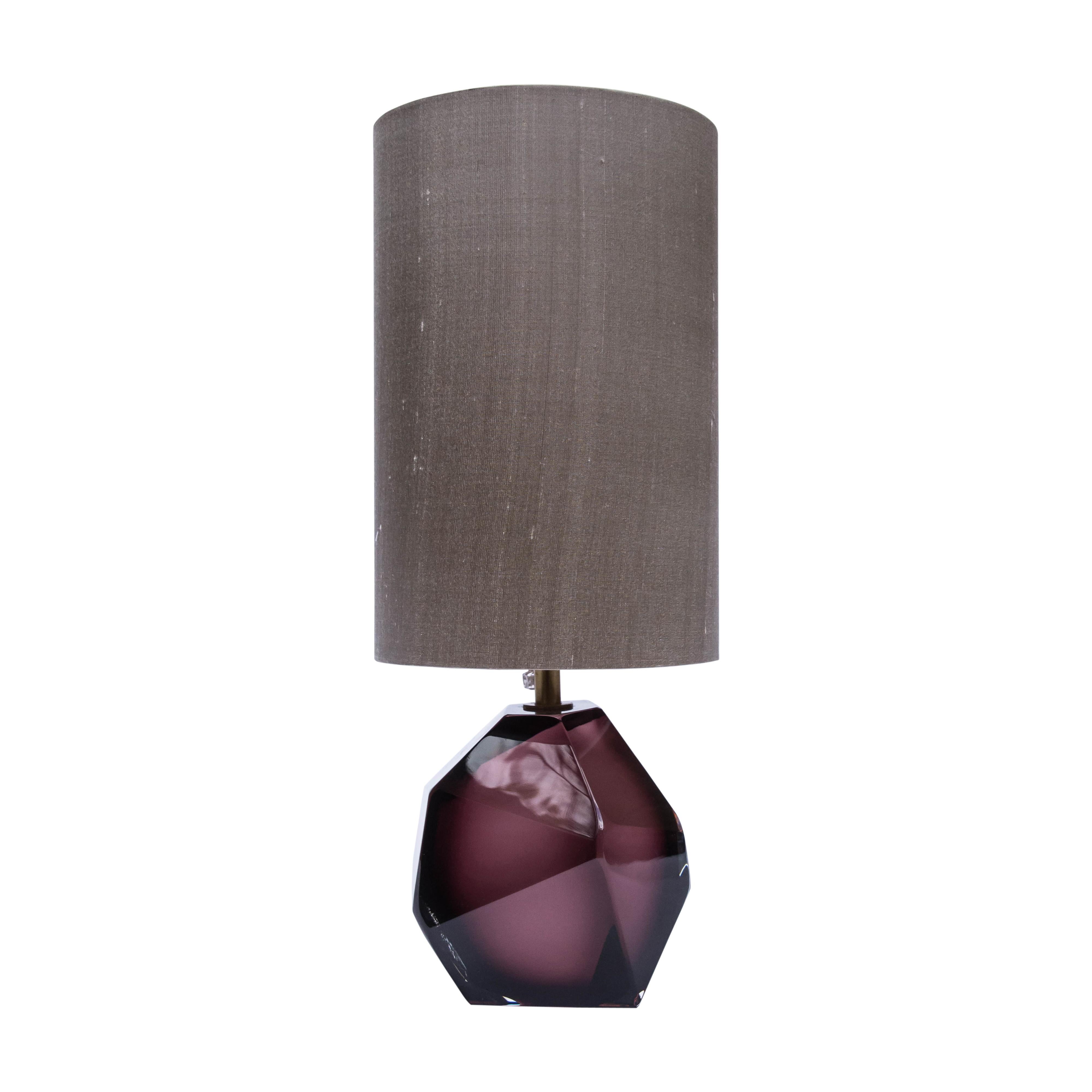 A beautiful and precious pair of Murano diamond cut faceted hand worked purple glass Table Lamps with a brass stem .
Italian modern design and manufacturing by Alberto Dona 
Sold without lamp shade.