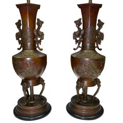 Pair of  19iCentury  Meiji Period Japanese Bronze Censers Turned into Lamps