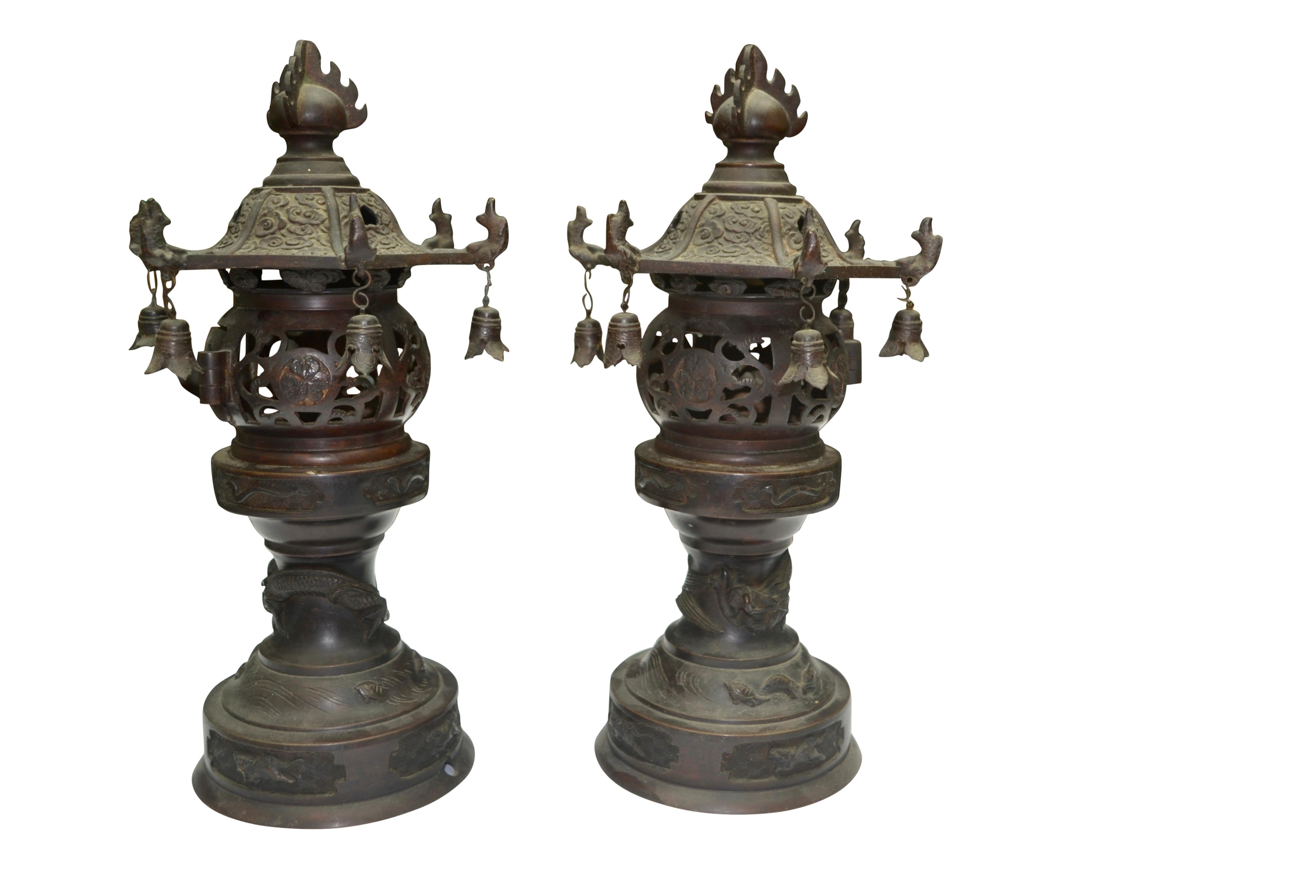 Japanese Pair of Qing Dynasty Patinated Bronze Censors/Perfume Burners