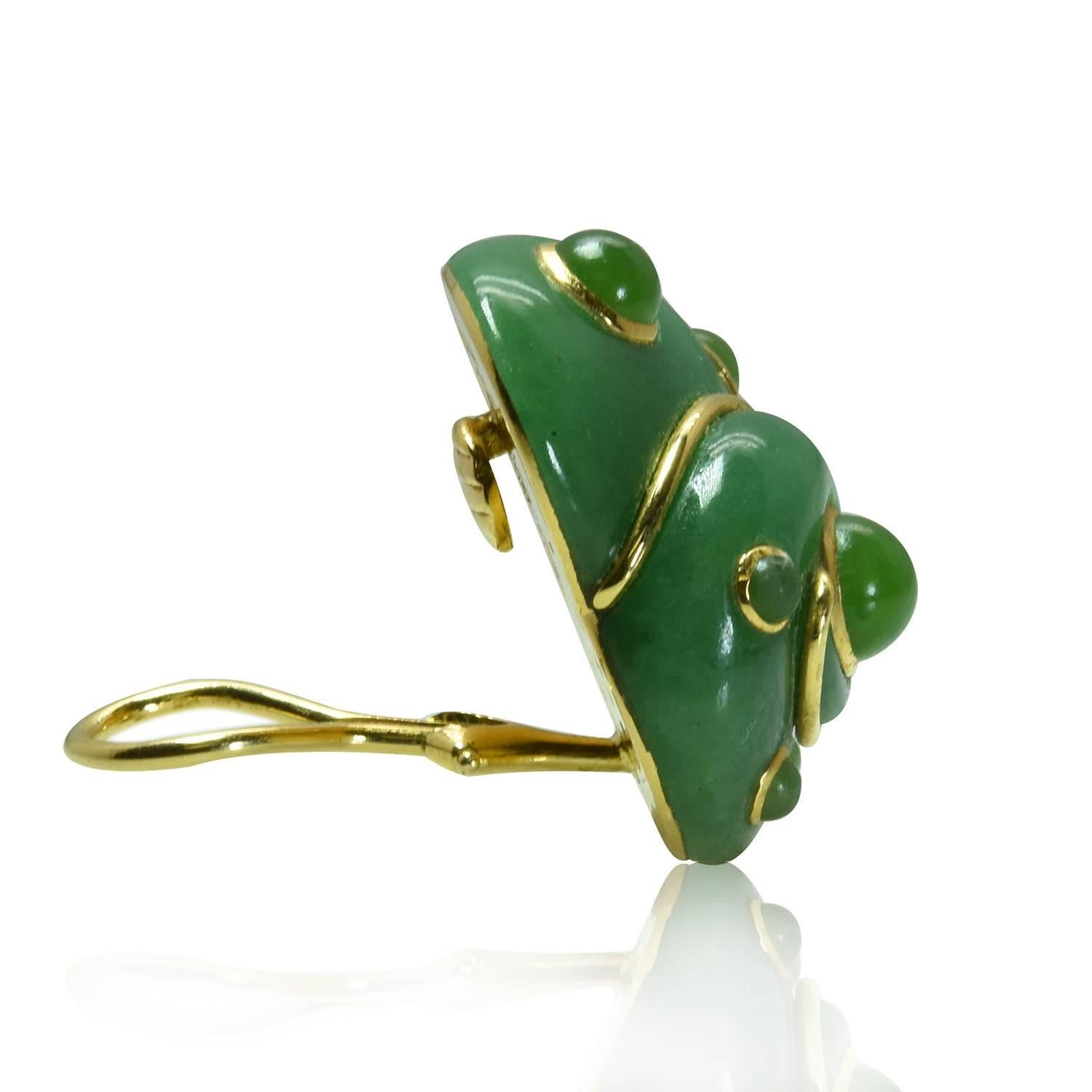 he iconic shell ear clips by renown design house, Verdura. These earrings feature Aventurine Quartz set with Nephrite cabochons in 18k Yellow Gold. The ear clips are signed by Verdura, numbered and stamped '750'.