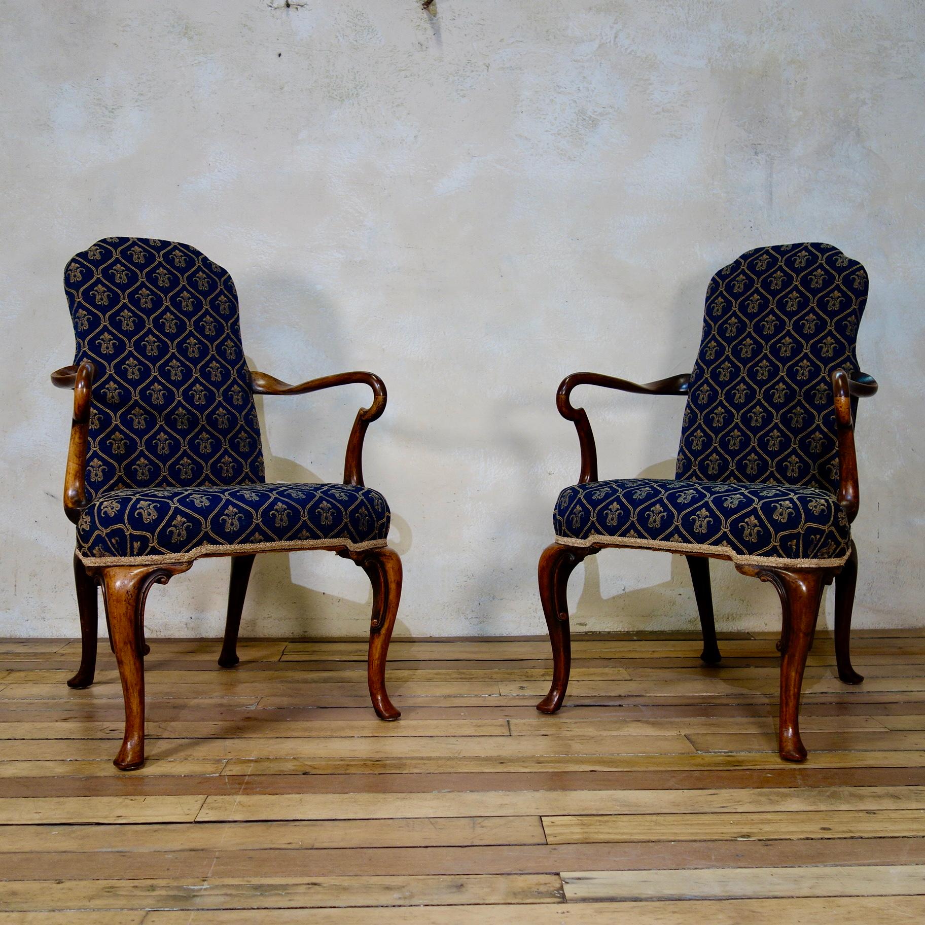 Pair of Queen Anne Upholstered Open Armchairs, Shepherd Crook Arms 4