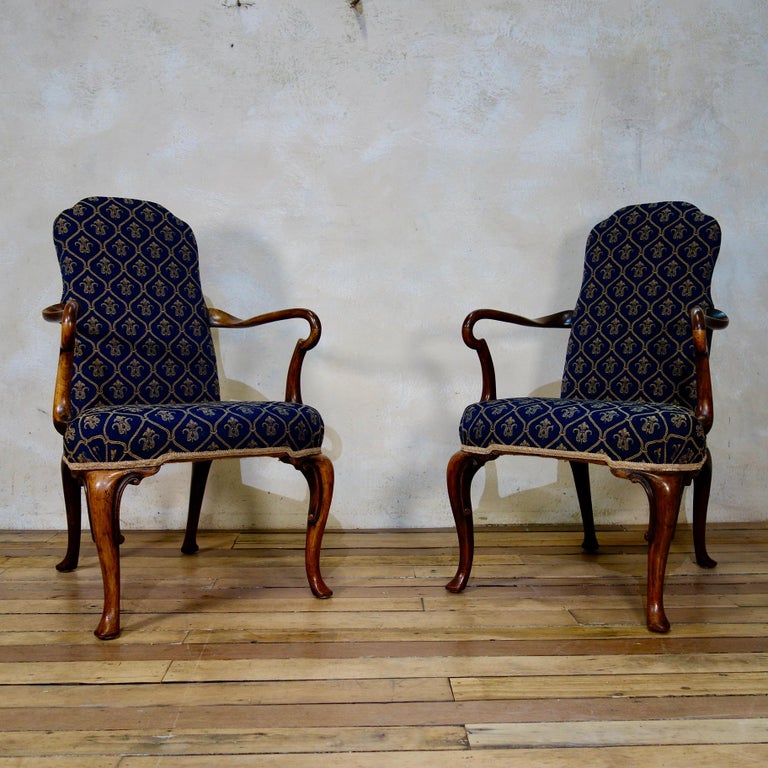 Pair of Queen Anne Upholstered Open Armchairs, Shepherd Crook Arms 7