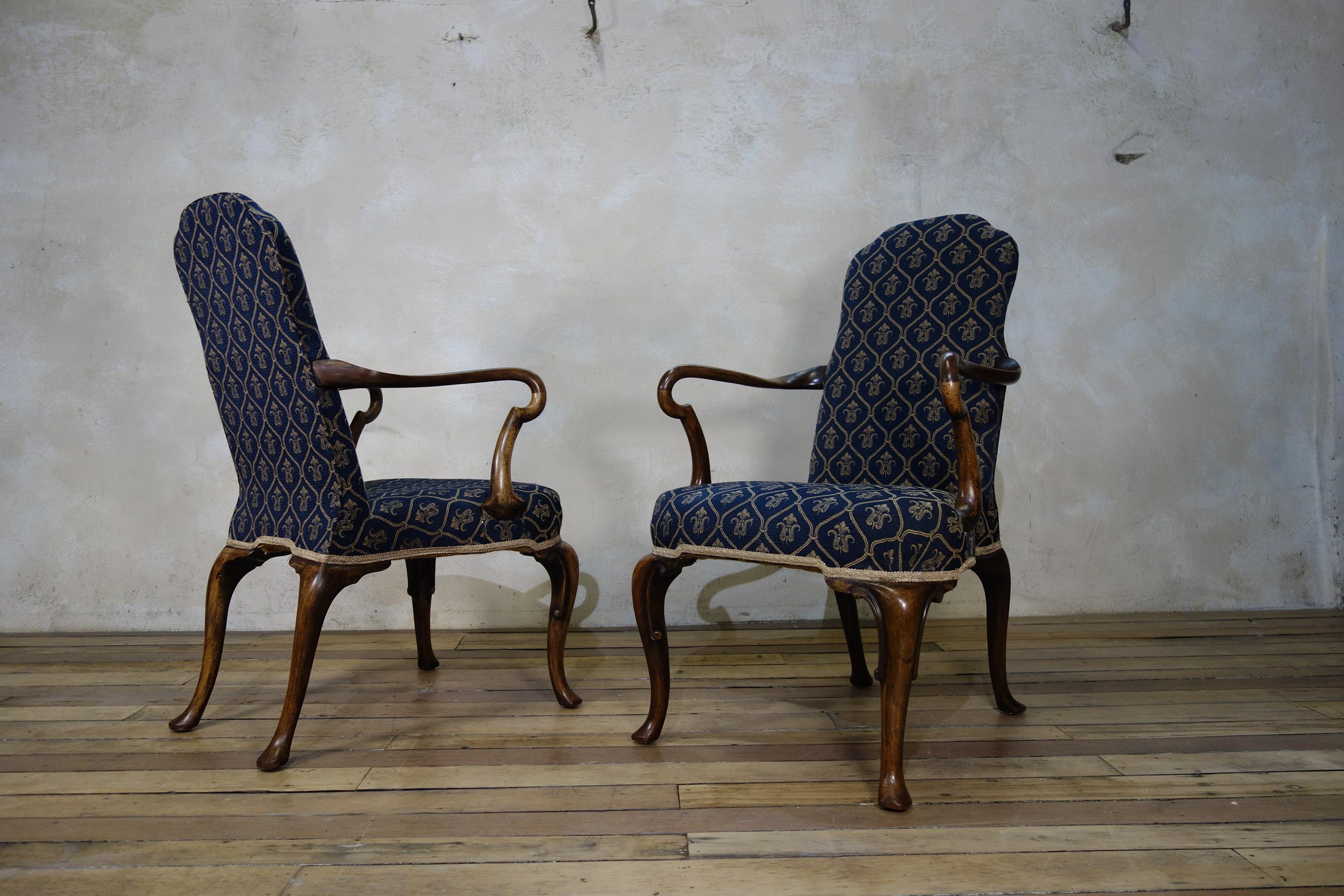 British Pair of Queen Anne Upholstered Open Armchairs, Shepherd Crook Arms