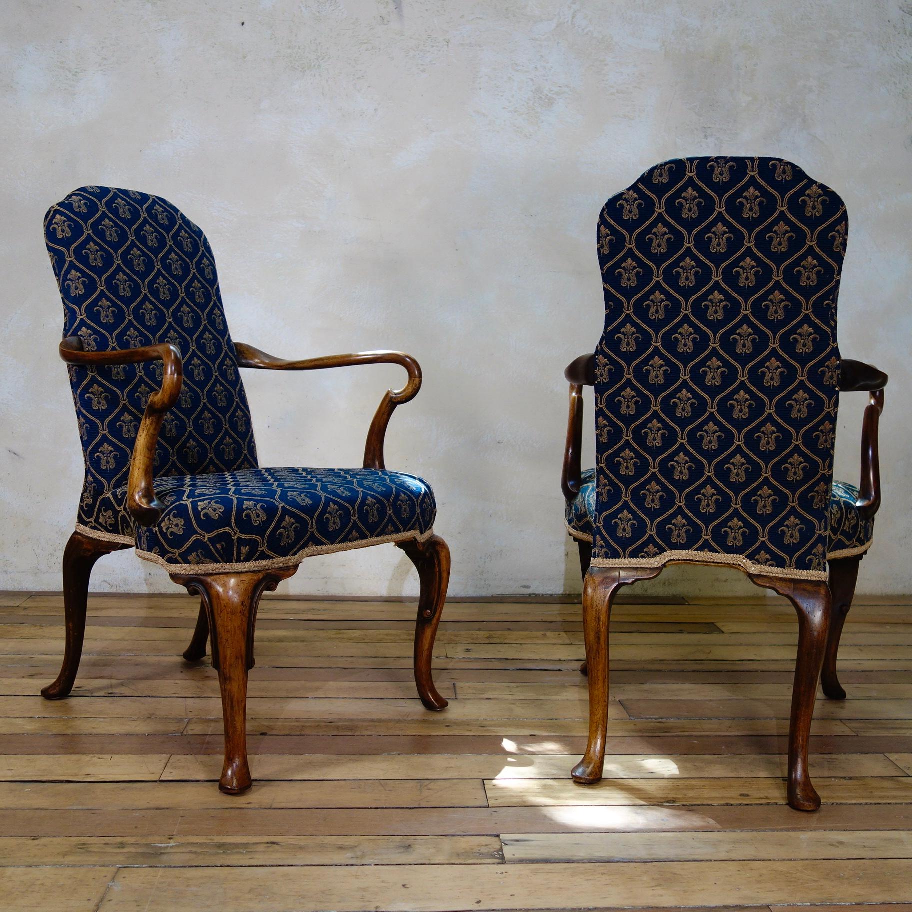 20th Century Pair of Queen Anne Upholstered Open Armchairs, Shepherd Crook Arms