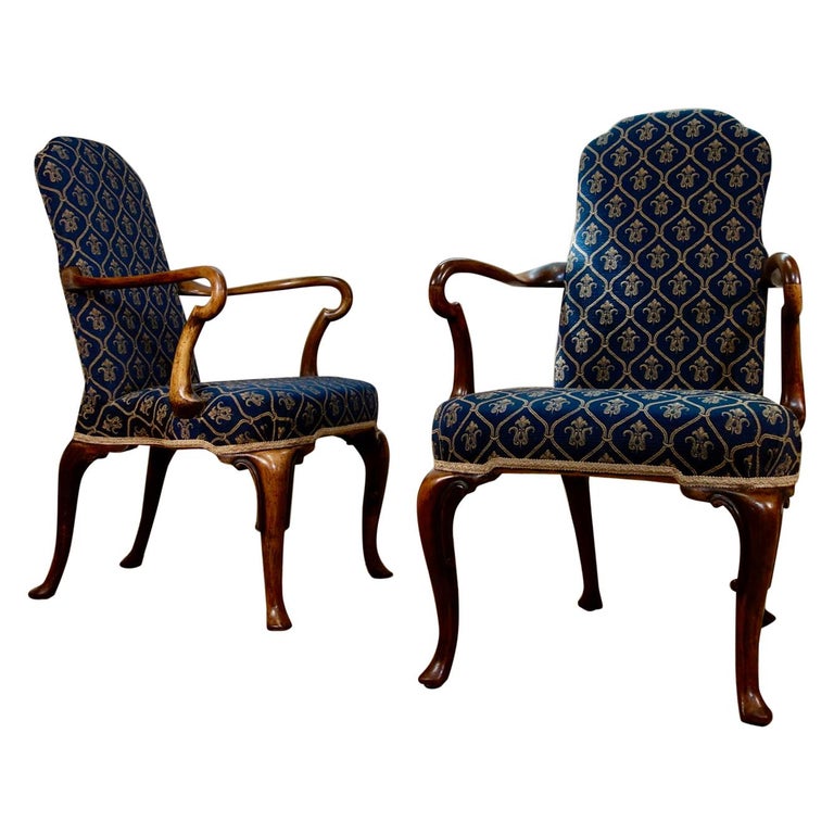 Pair of Queen Anne Upholstered Open Armchairs, Shepherd Crook Arms
