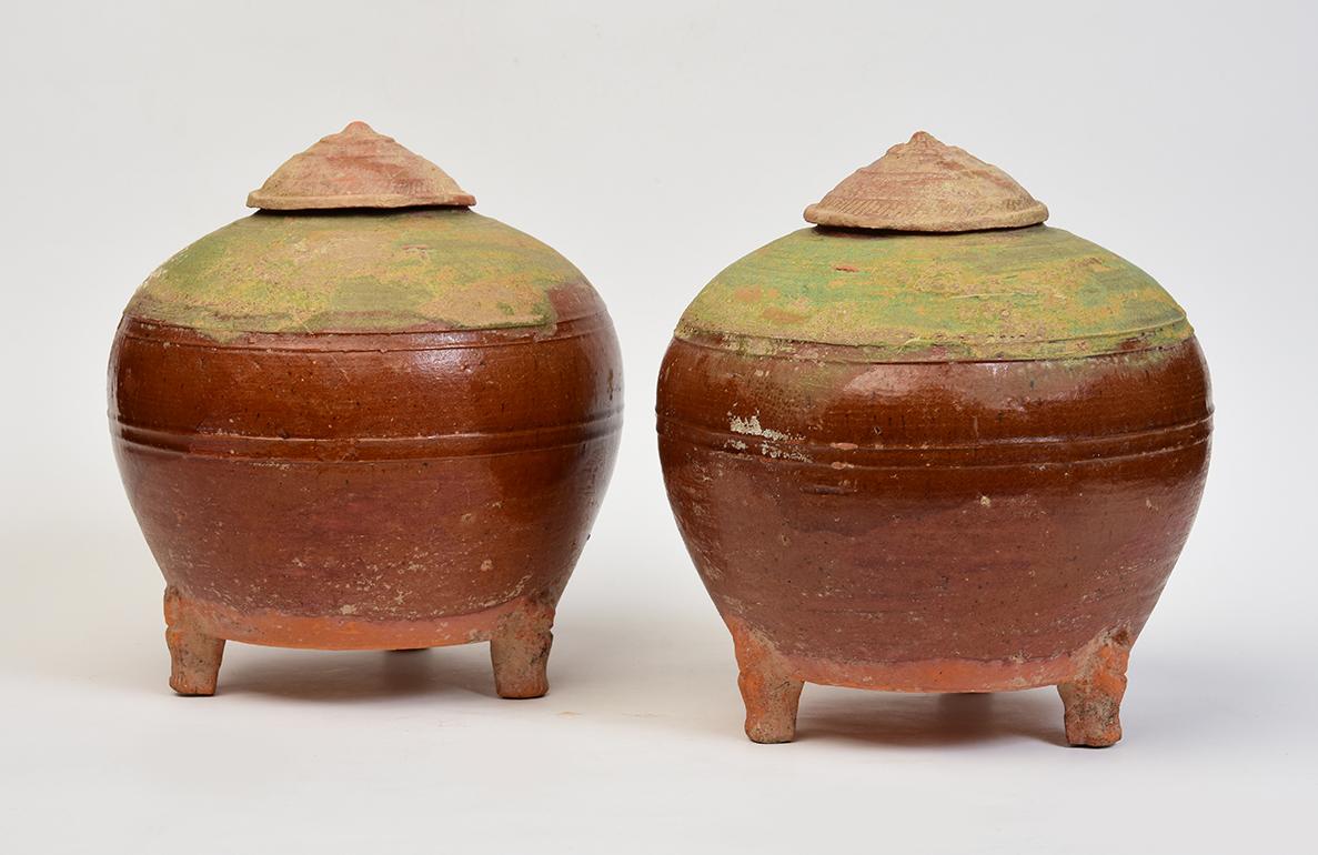 Pair of Rare Antique Chinese Amber and Green Glazed Pottery Globular Jar For Sale 7
