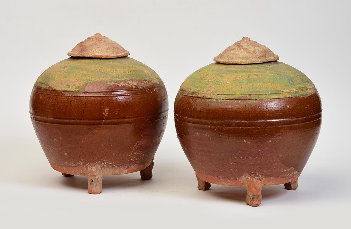 Pair of Rare Antique Chinese Amber and Green Glazed Pottery Globular Jar For Sale 8