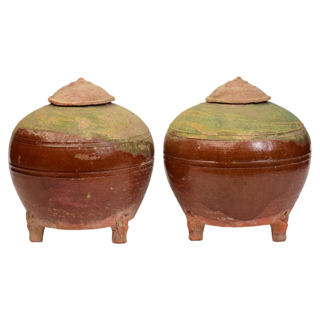 Pair of Rare Antique Chinese Amber and Green Glazed Pottery Globular Jar For Sale