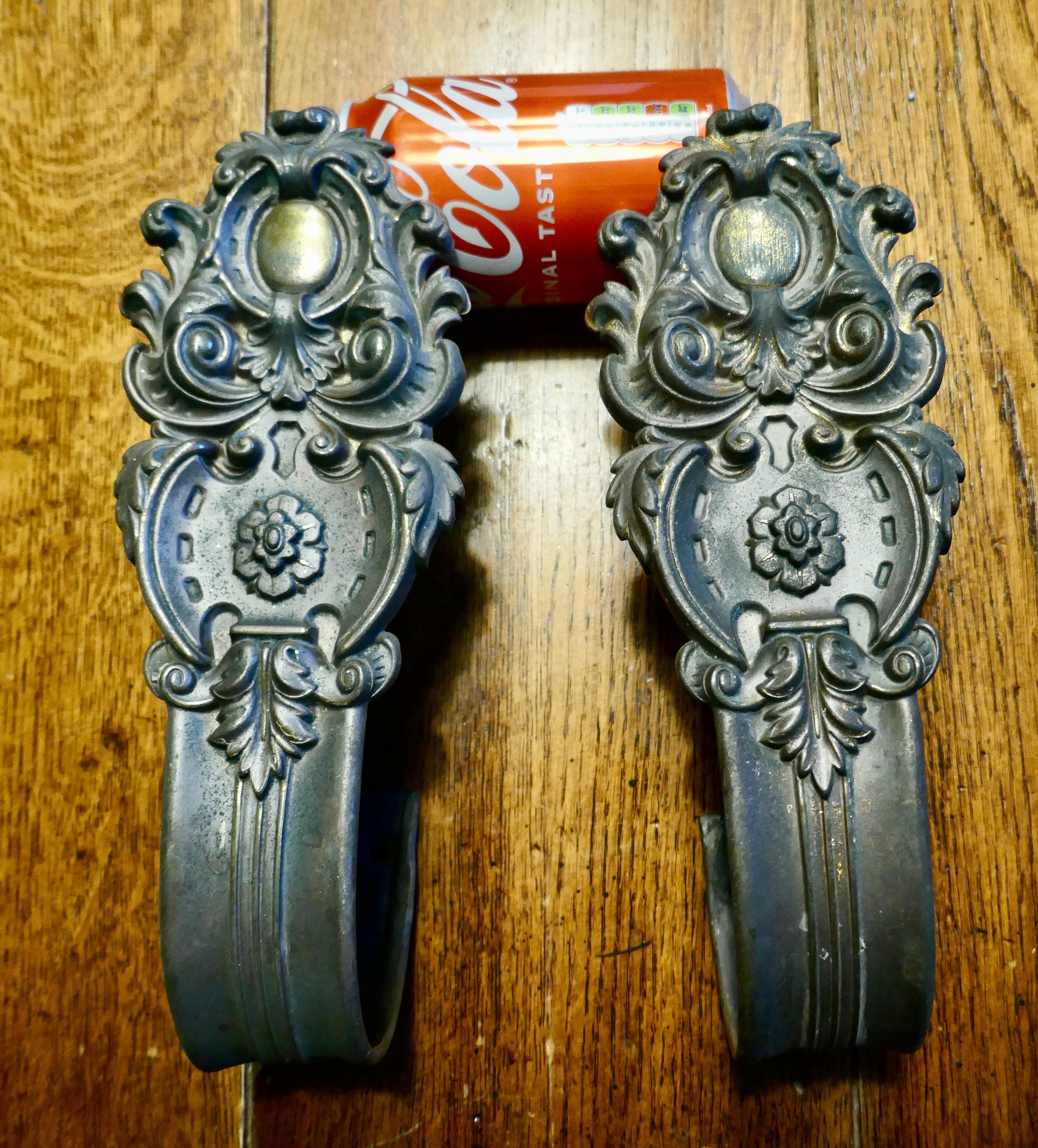 High Victorian Pair of Rare Early English 19th Century Patinated Brass Curtain Tie Backs For Sale