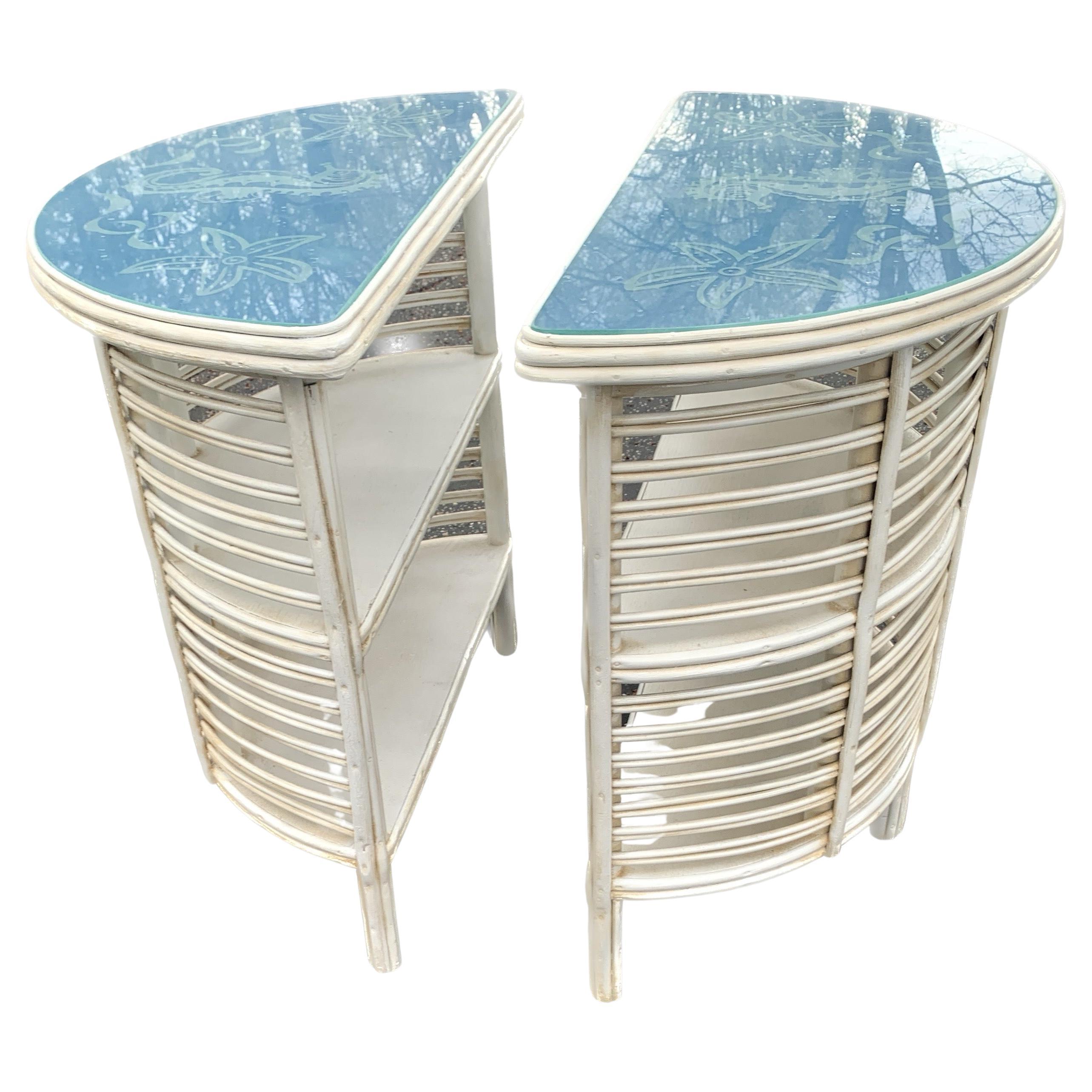 A Pair of Rare Rattan Dem Lune Tables Attributed to Heywood Wakefield Company For Sale