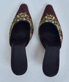 A Pair of Rare, Vintage Chelsea Textiles Crewel Embroidered Kitten Heel Mules