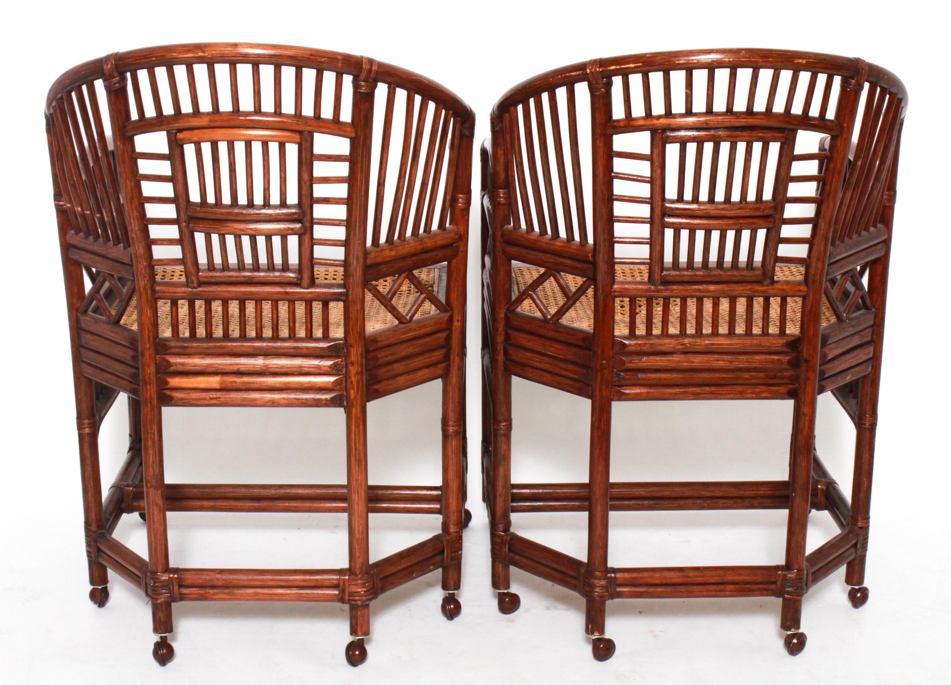 Chinese Chippendale Pair of Rattan Chinoiserie Fretwork Armchairs