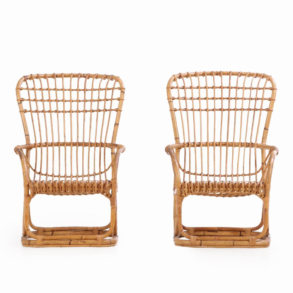 XX secolo Coppia di sedie da salotto in rattan attribuite a Tito Agnoli. in vendita