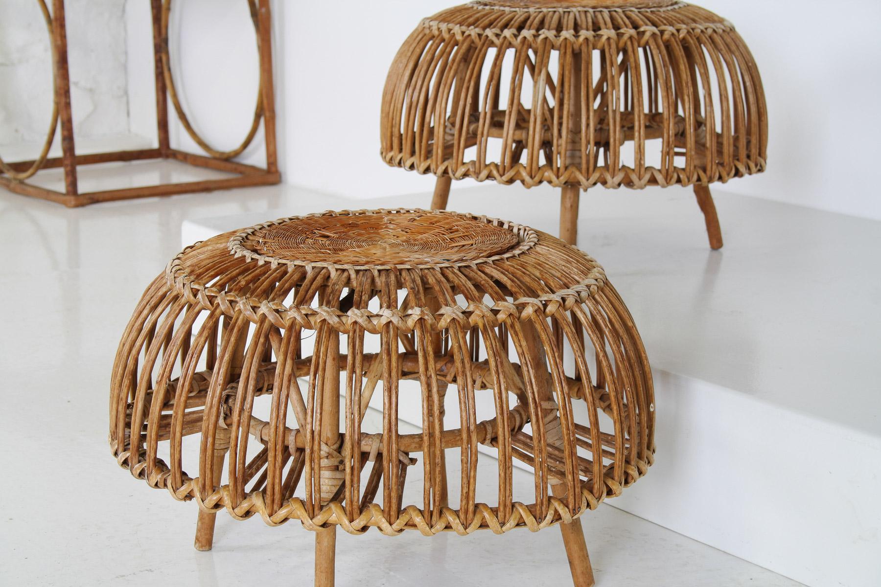 A Pair of Rattan Wicker Ottoman Footstools Lobster Pot in style of Franco Albini 4