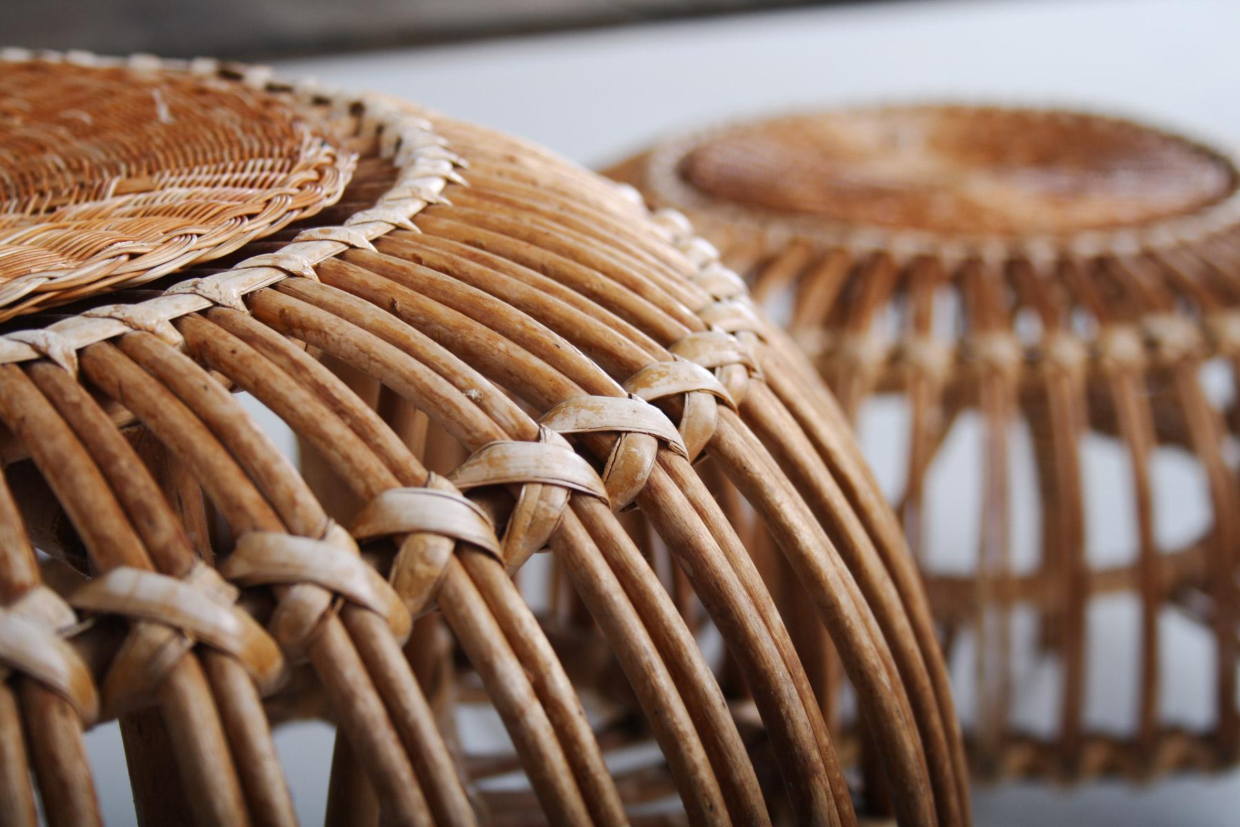 A Pair of Rattan Wicker Ottoman Footstools Lobster Pot in style of Franco Albini 8