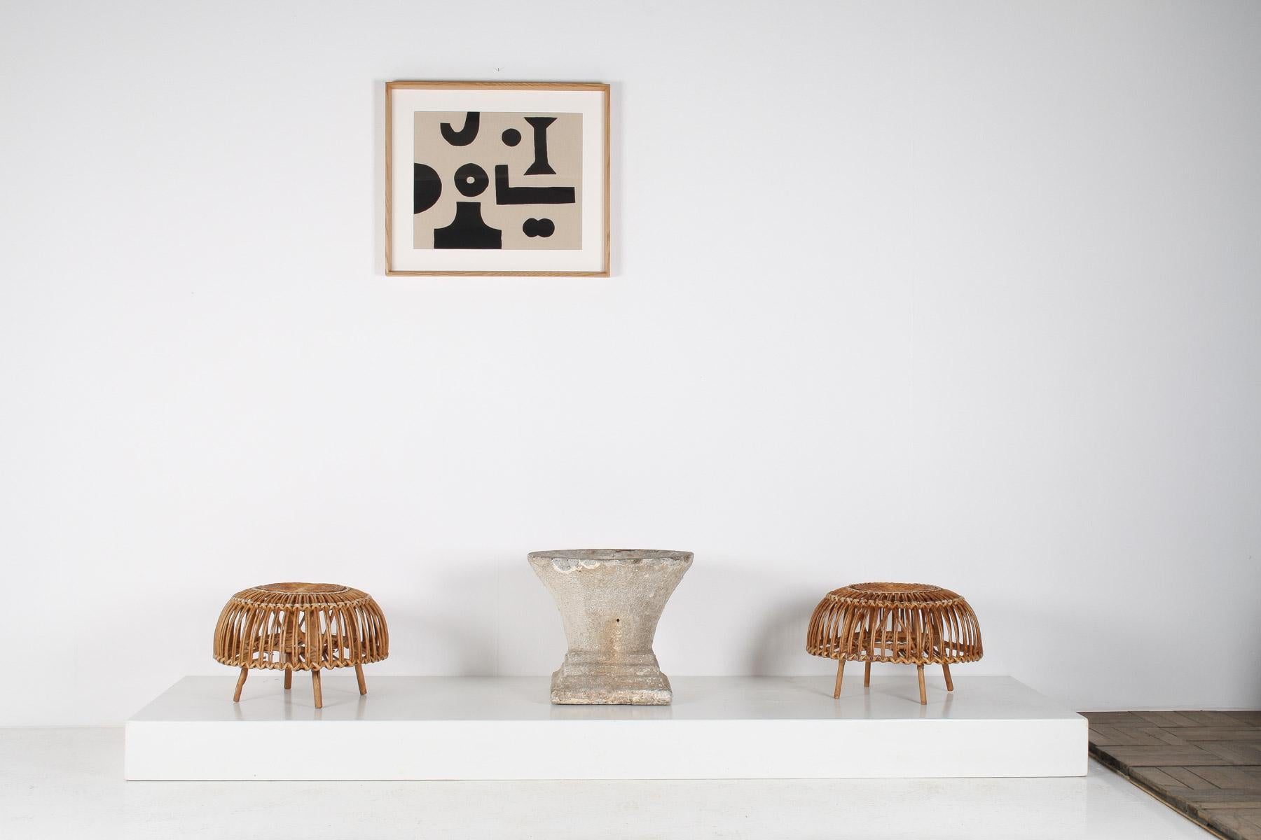 A Pair of Rattan Wicker Ottoman Footstools Lobster Pot in style of Franco Albini 13