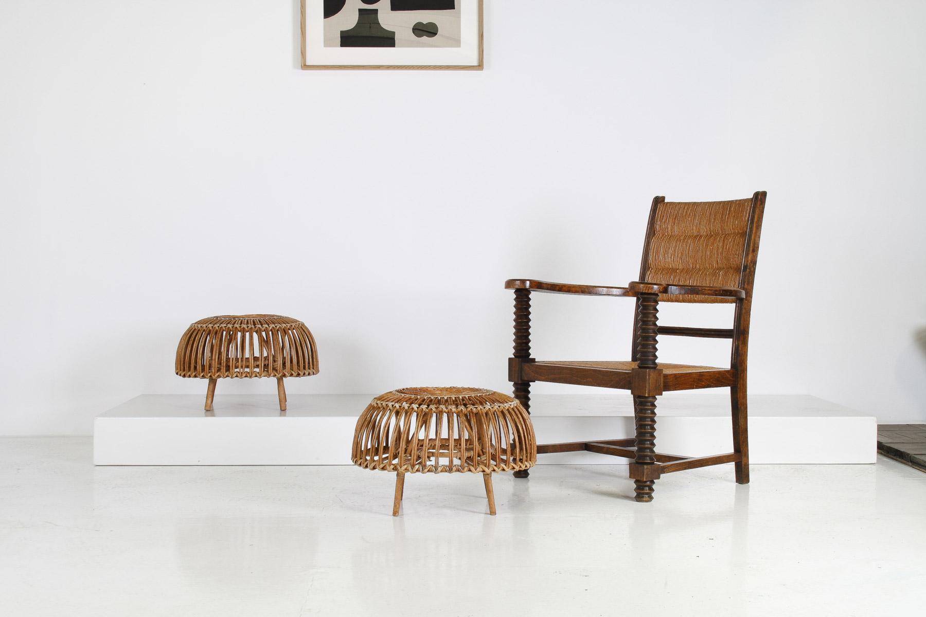 Mid-Century Modern A Pair of Rattan Wicker Ottoman Footstools Lobster Pot in style of Franco Albini