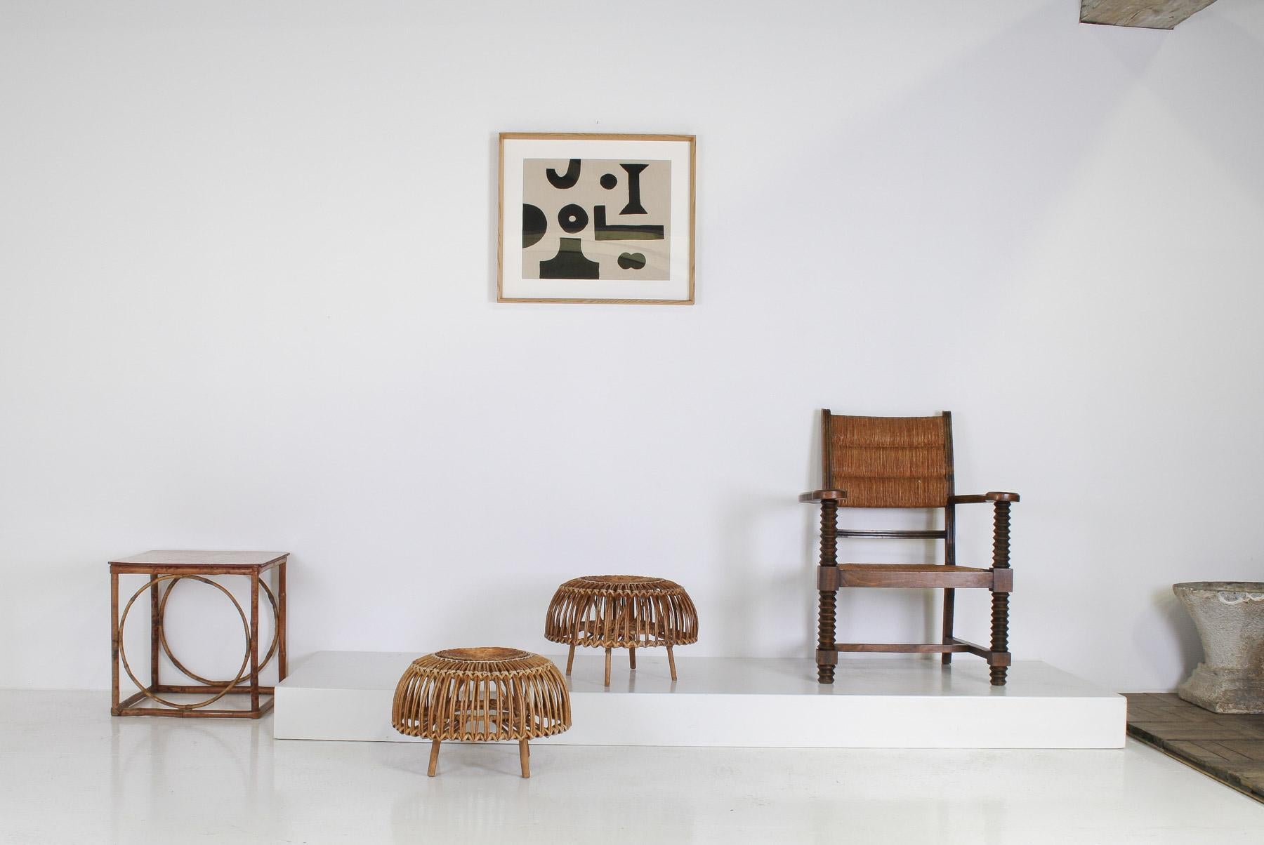 British A Pair of Rattan Wicker Ottoman Footstools Lobster Pot in style of Franco Albini