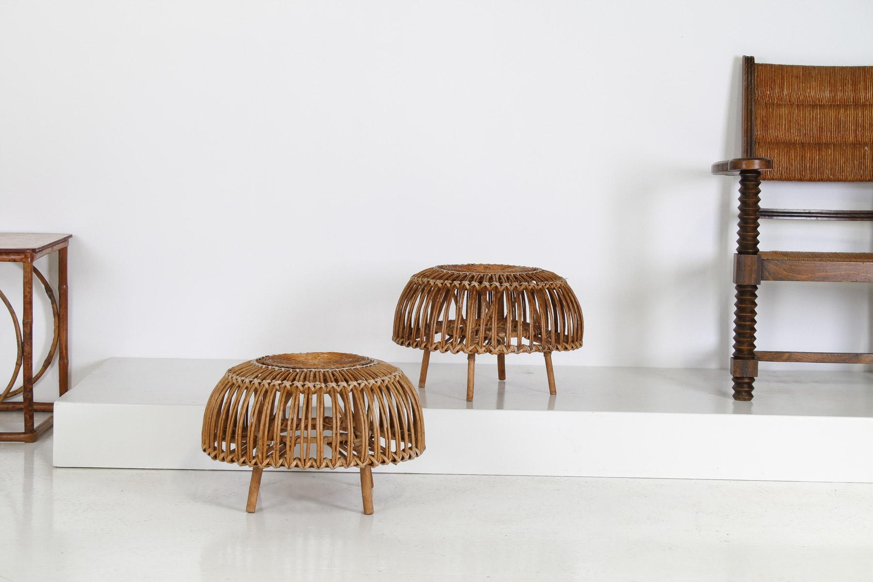 A Pair of Rattan Wicker Ottoman Footstools Lobster Pot in style of Franco Albini In Good Condition In Llanbrynmair, GB