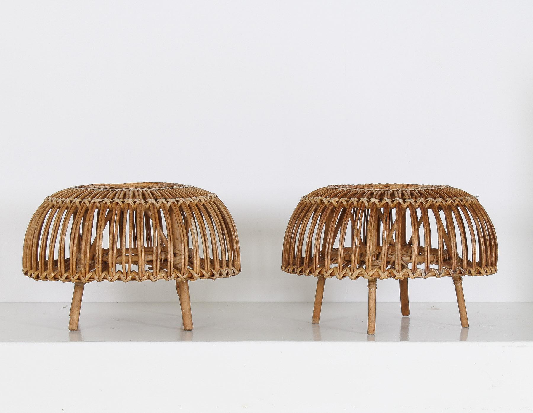 20th Century A Pair of Rattan Wicker Ottoman Footstools Lobster Pot in style of Franco Albini