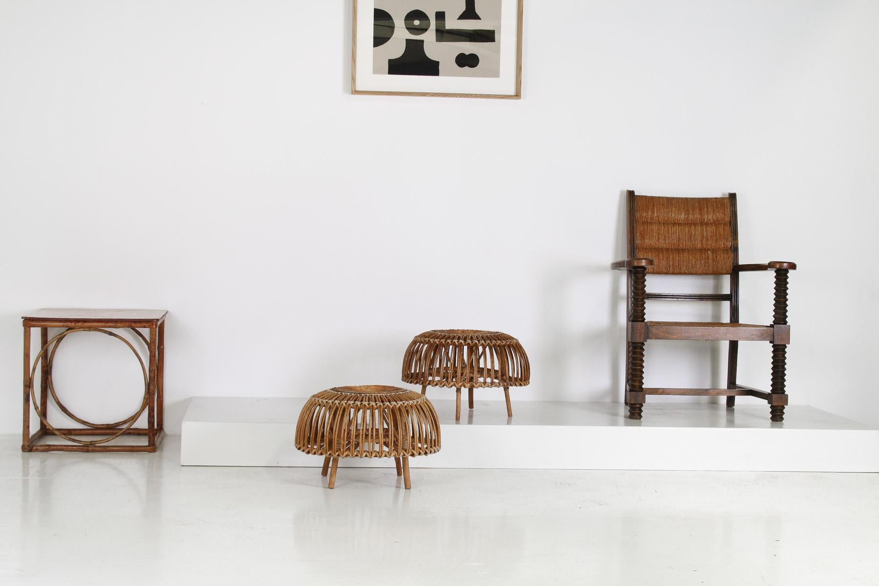 A Pair of Rattan Wicker Ottoman Footstools Lobster Pot in style of Franco Albini 1