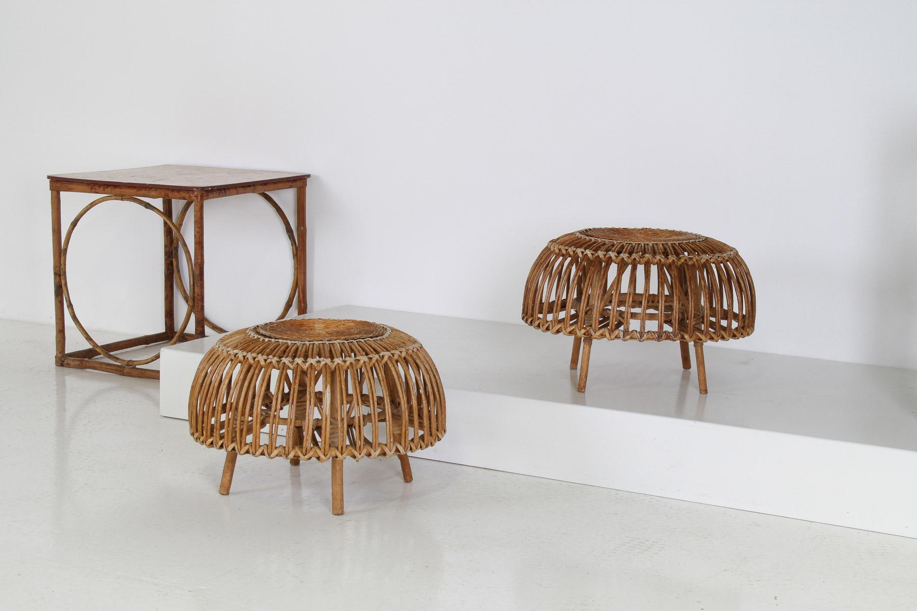 A Pair of Rattan Wicker Ottoman Footstools Lobster Pot in style of Franco Albini 2