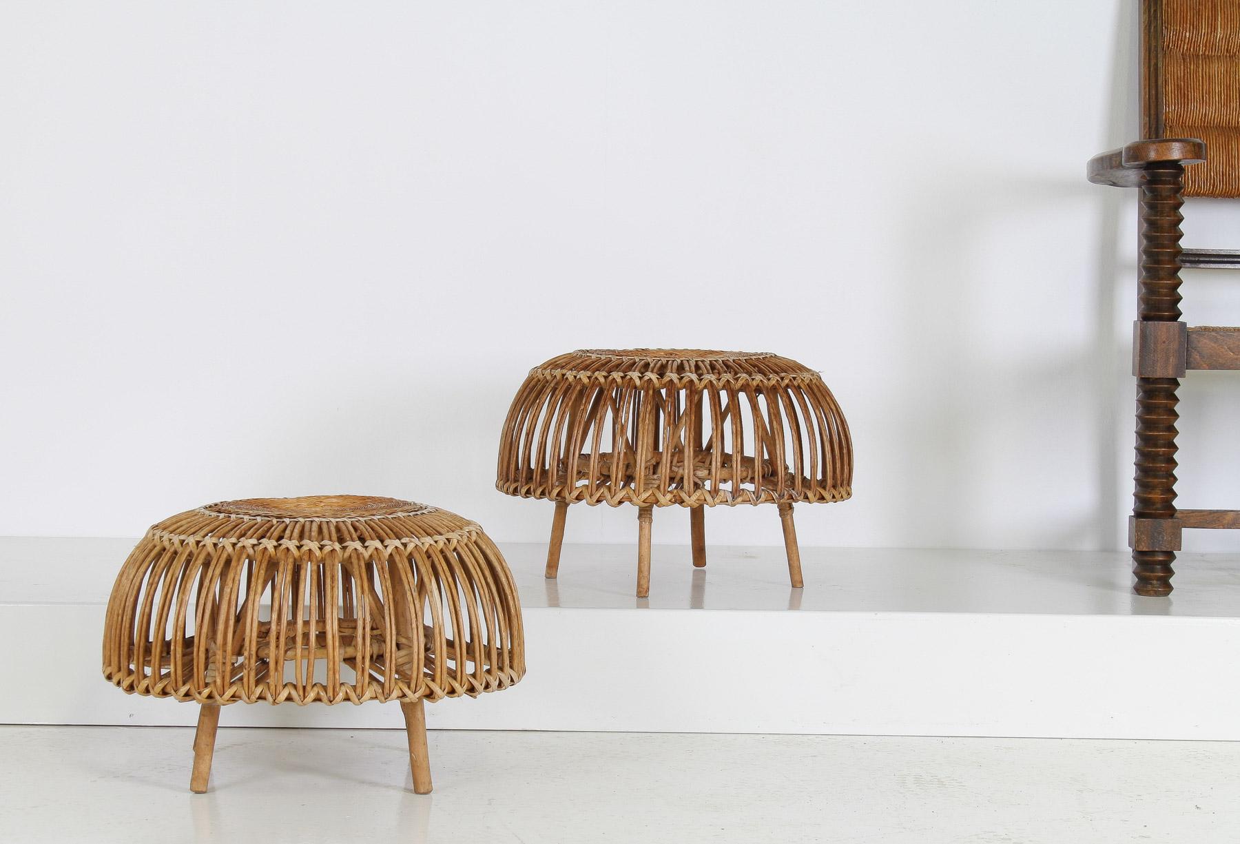 A Pair of Rattan Wicker Ottoman Footstools Lobster Pot in style of Franco Albini 3