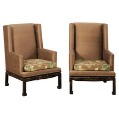 Pair of Rectangular Wingback Armchairs with Painted Chinoiserie Skirt & Legs