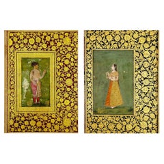 Antique Pair of Red, Black and Gold Indian Album Pages, Deccan, Bijapur or Golconda, C